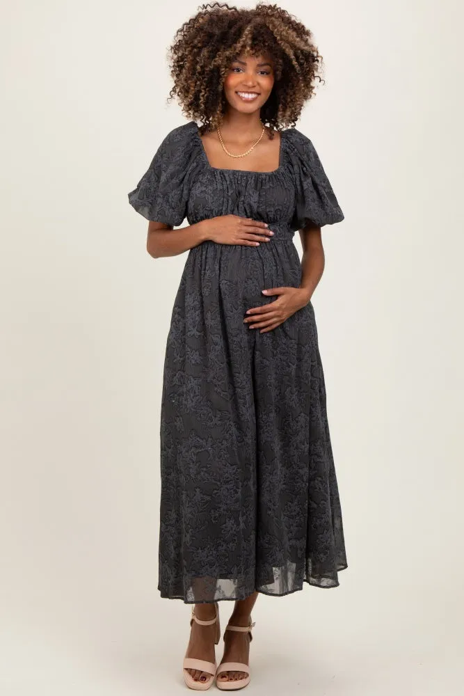 Charcoal Floral Square Neck Bubble Sleeve Maternity Mid Dress sold by Pinkblush