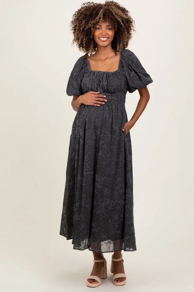 Charcoal Floral Square Neck Bubble Sleeve Maternity Mid Dress sold by Pinkblush product image thumbnail 2