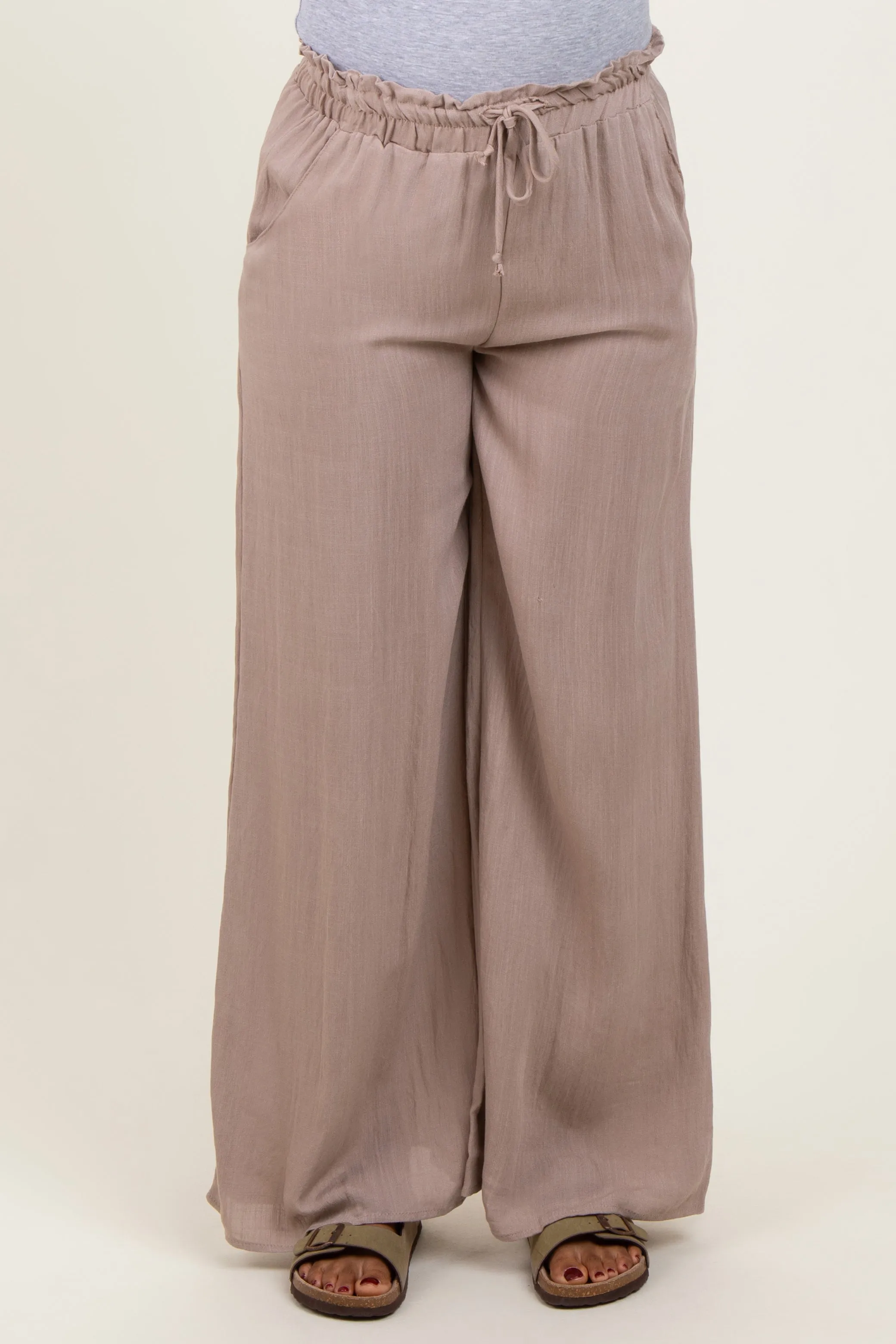 Beige Ruffled Drawstring Waist Wide Leg Maternity Pants sold by Pinkblush product image thumbnail 2