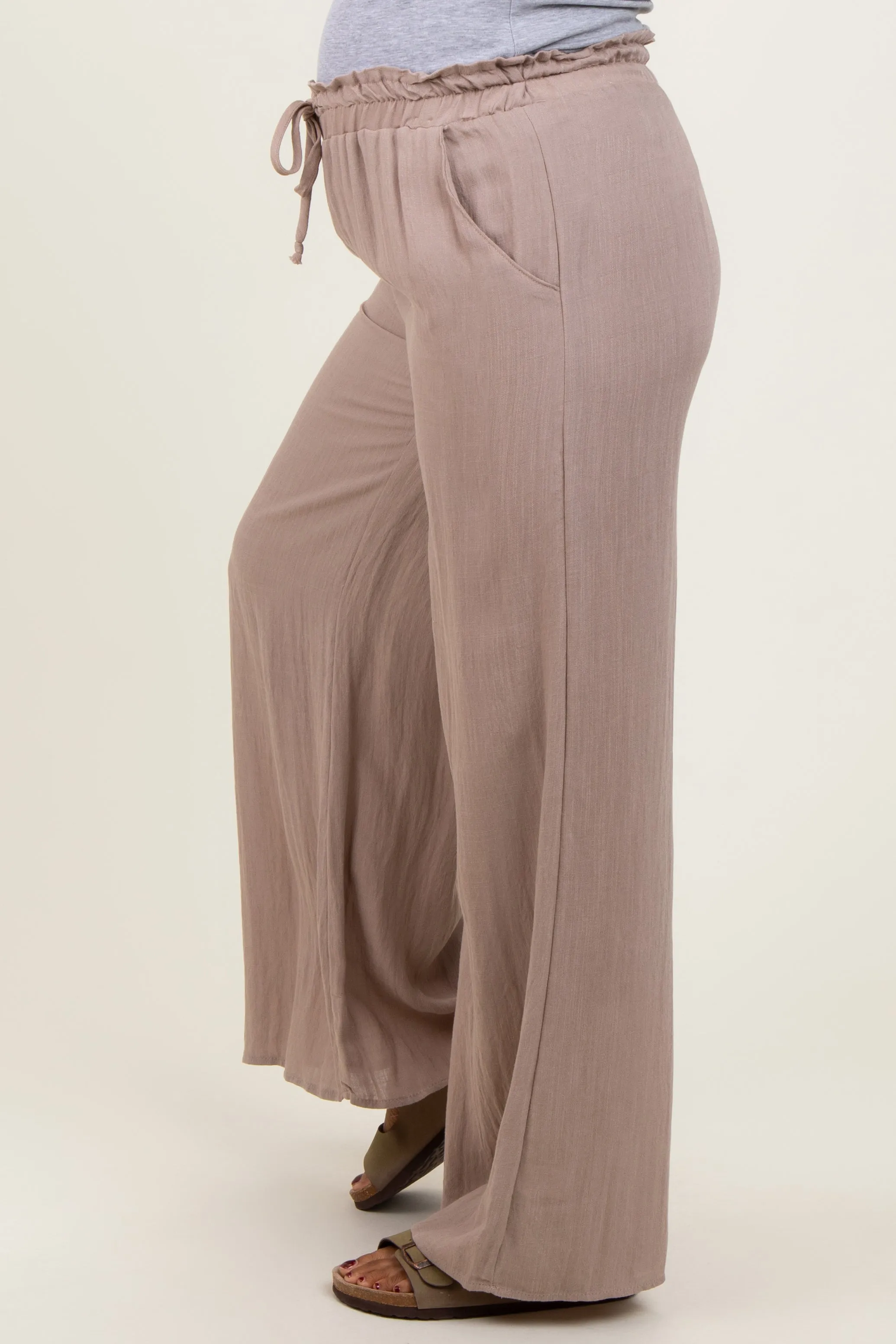 Beige Ruffled Drawstring Waist Wide Leg Maternity Pants sold by Pinkblush product image thumbnail 3