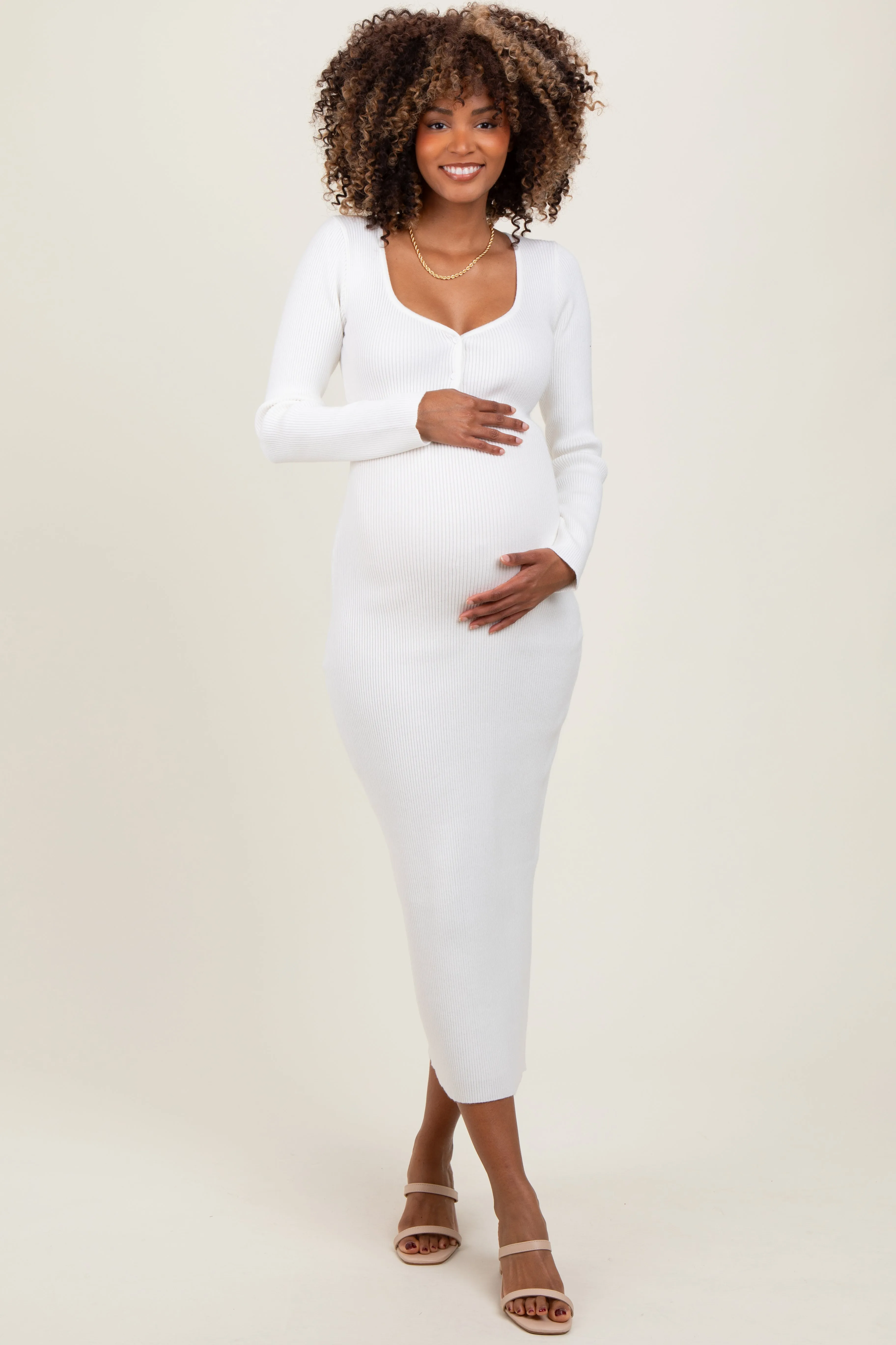 White Henley Ribbed Maternity Midi Sweater Dress sold by Pinkblush