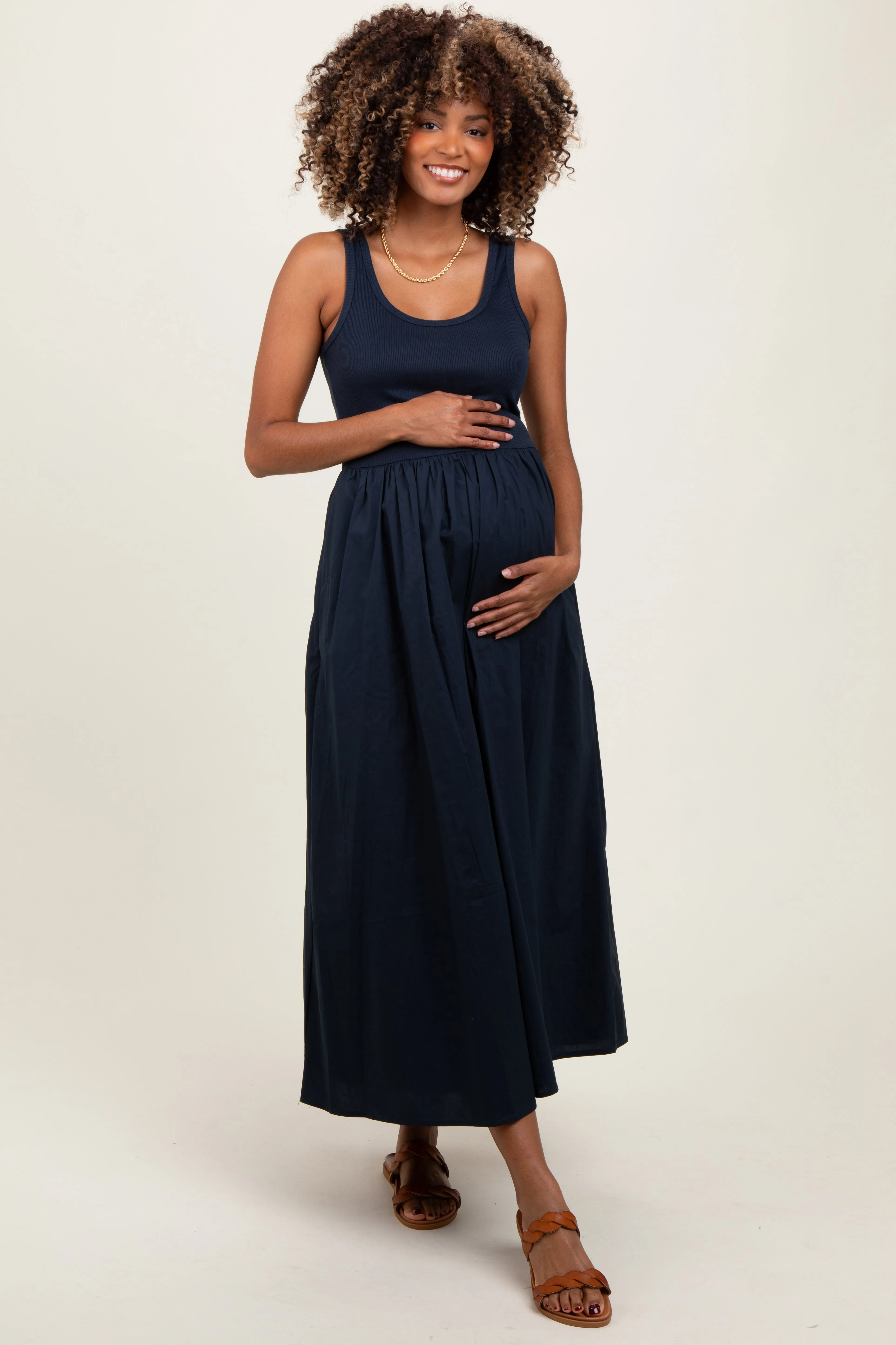 Navy Scoop Neck Contrast Skirt Maternity Maxi Dress sold by Pinkblush product image thumbnail 2