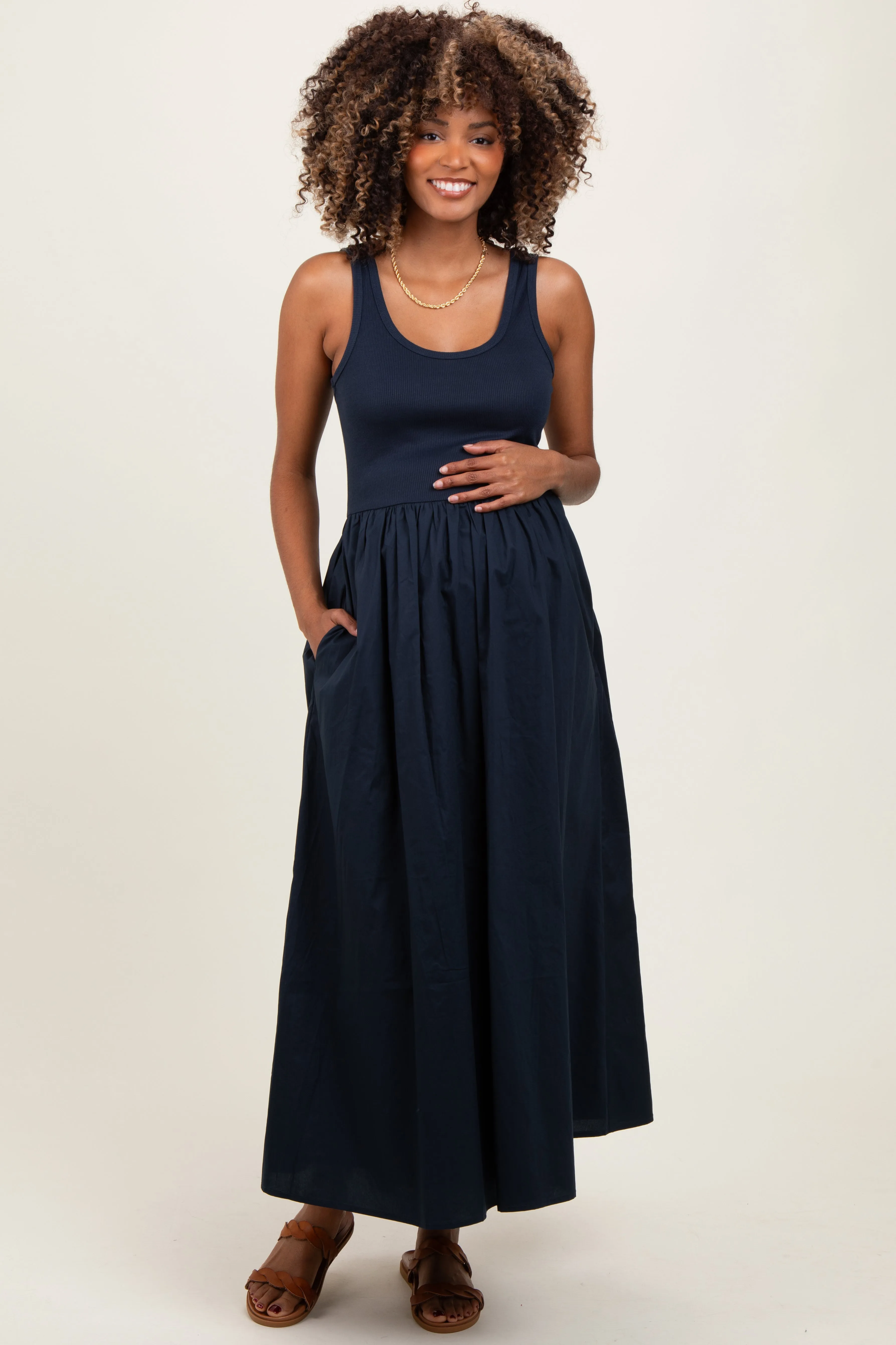 Navy Scoop Neck Contrast Skirt Maternity Maxi Dress sold by Pinkblush