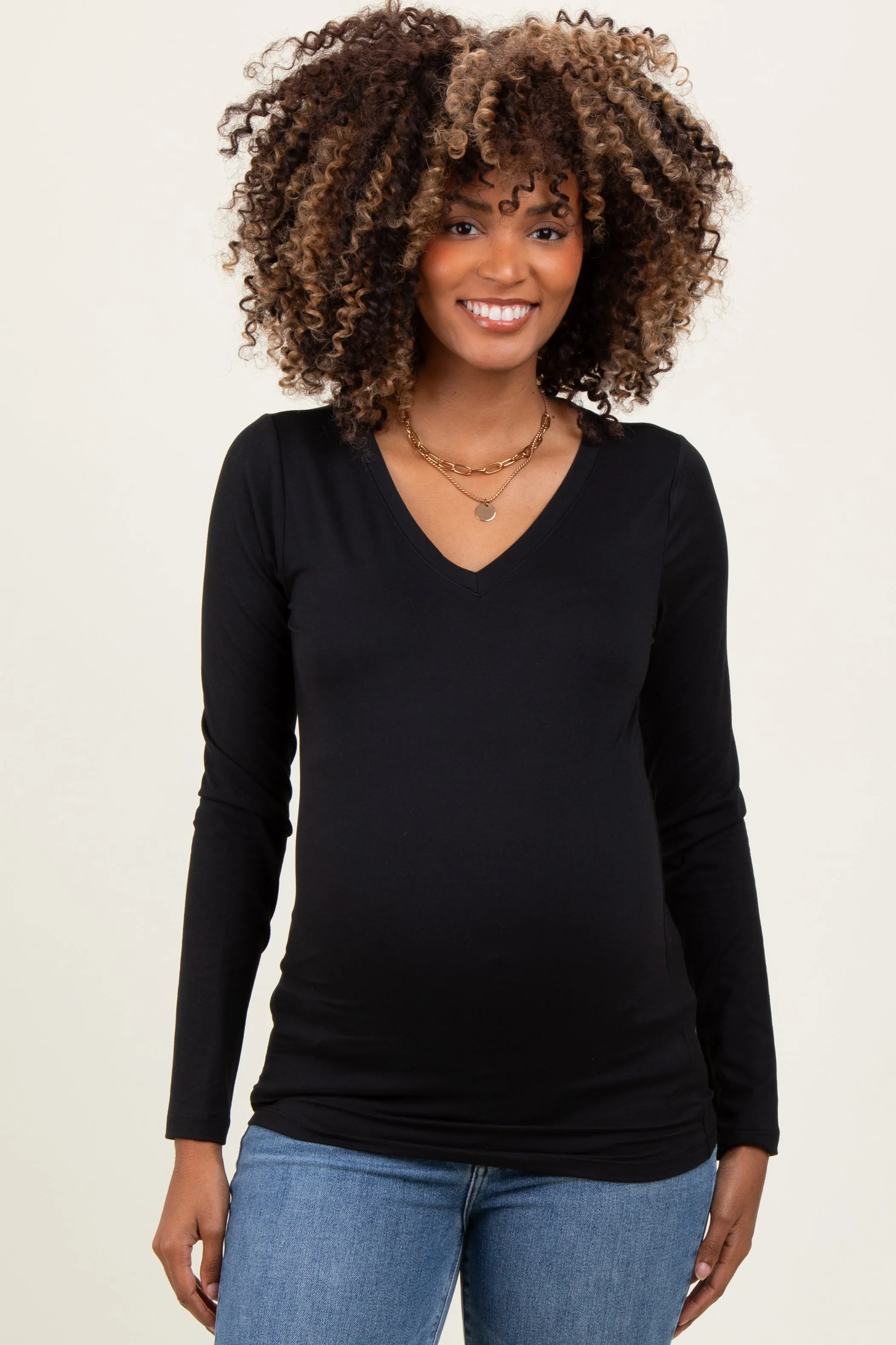 Black Brushed Knit V-Neck Long Sleeve Maternity Top sold by Pinkblush