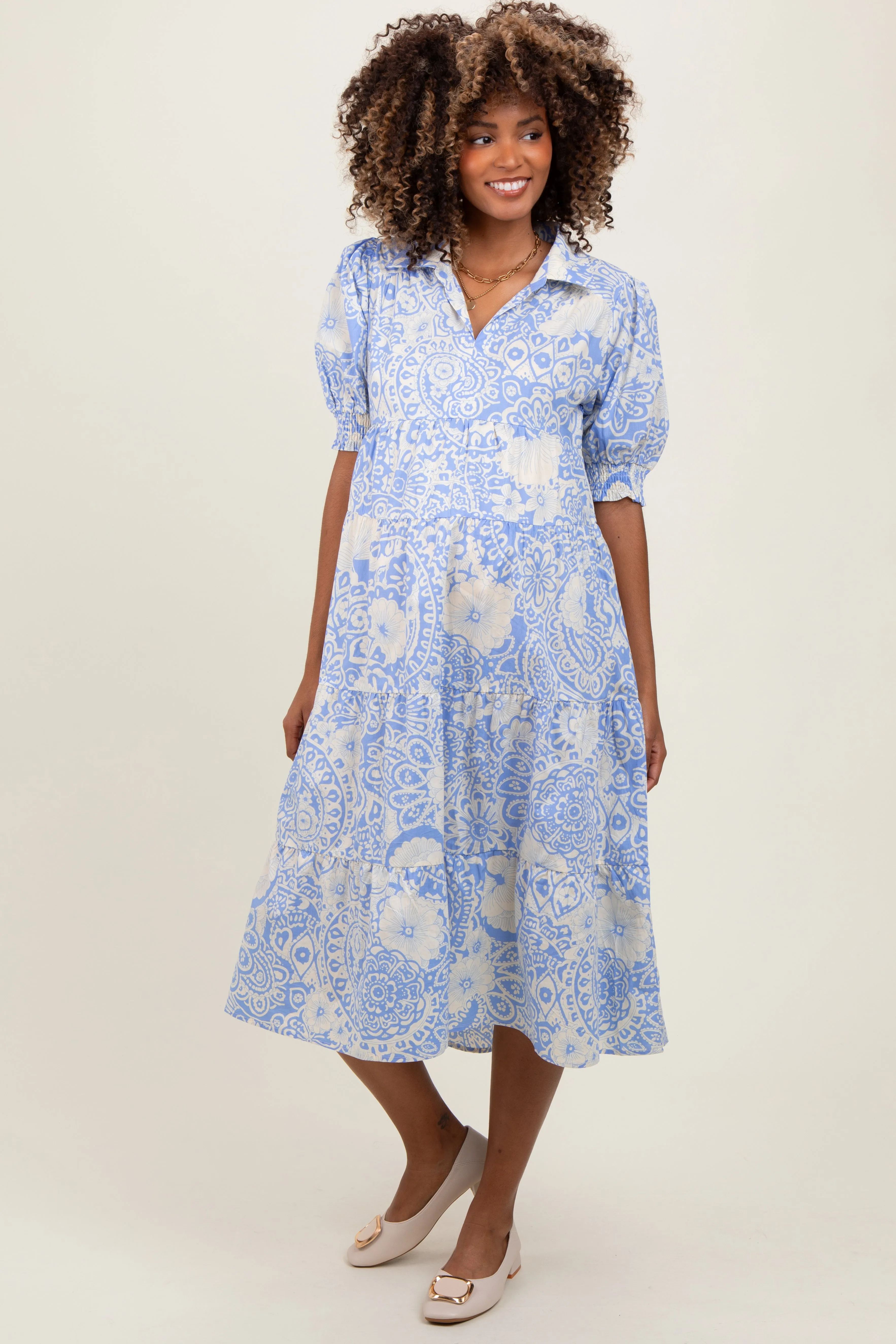 Periwinkle Floral Collared Tiered Maternity Midi Dress sold by Pinkblush