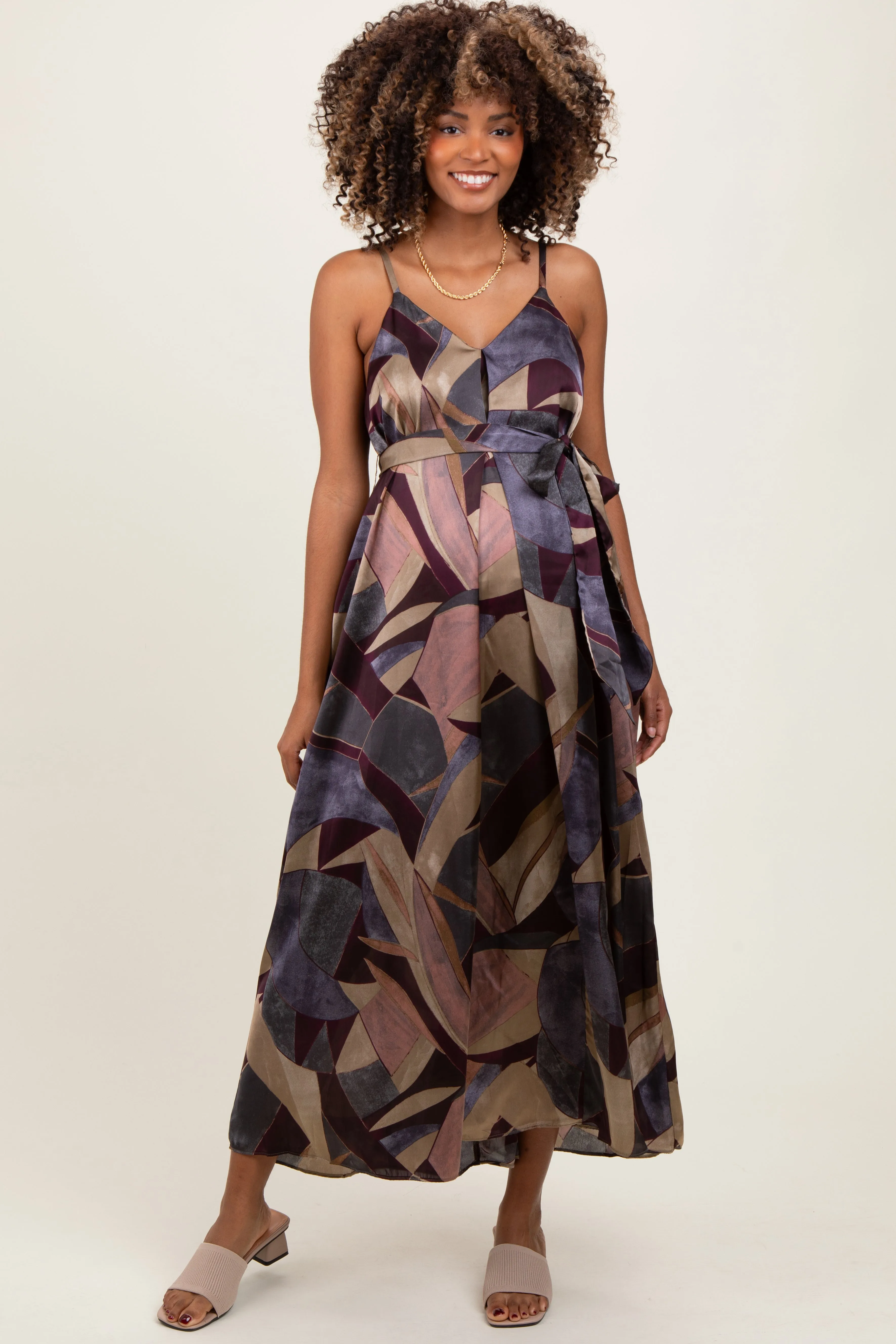 Multicolor Abstract Print Sash Tie Maternity Maxi Dress sold by Pinkblush