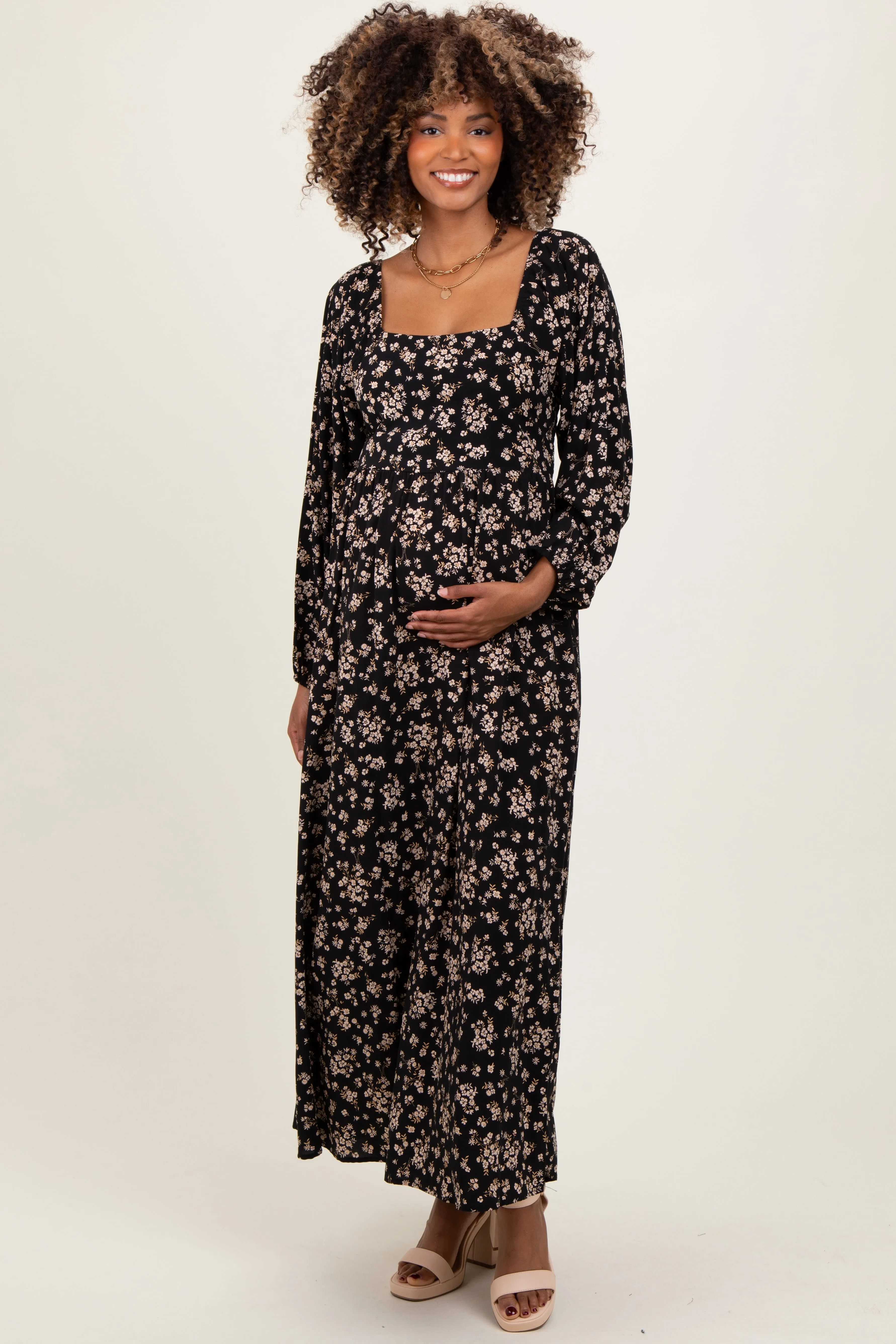 Black Floral Square Neck Long Sleeve Maternity Maxi Dress sold by Pinkblush