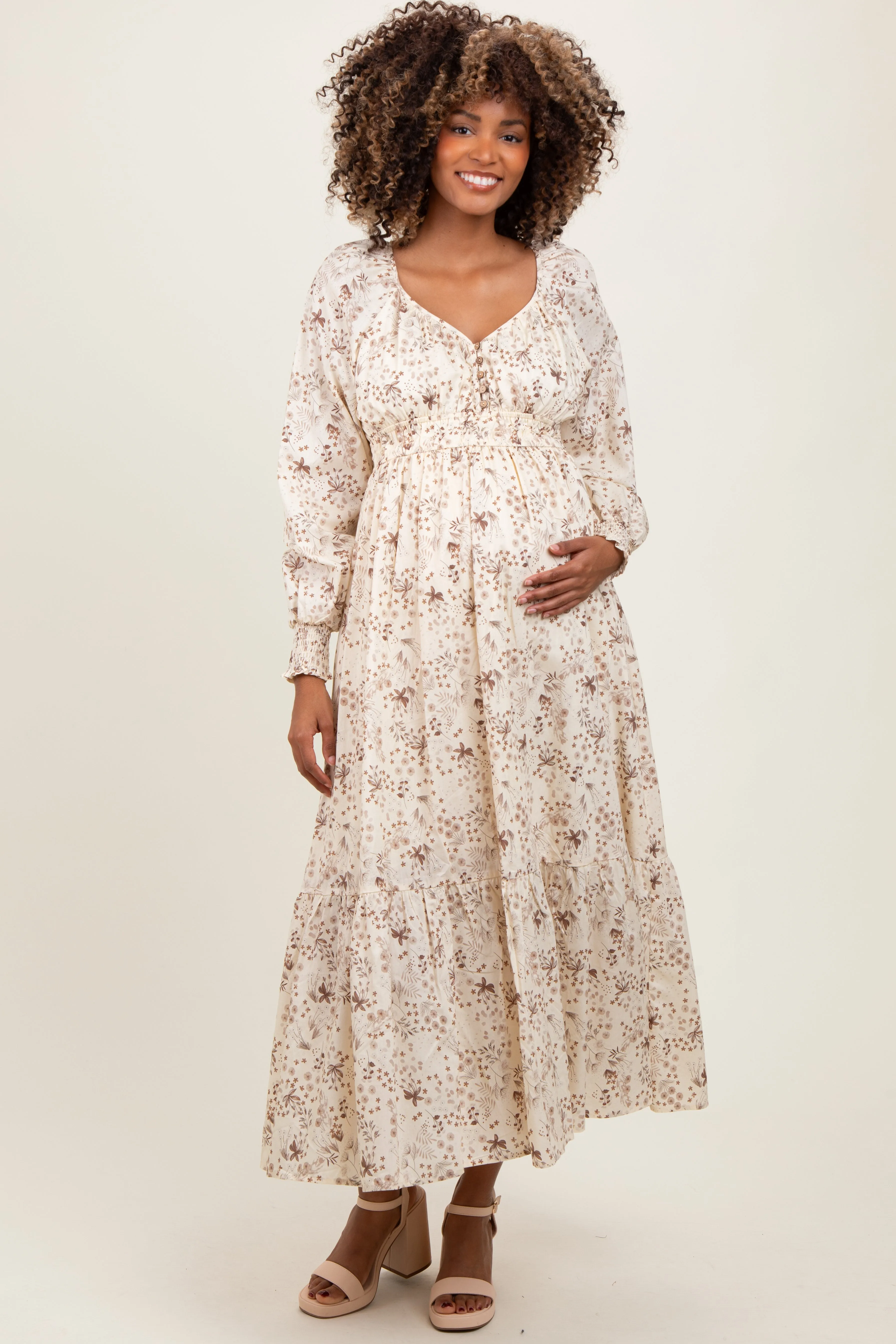 Cream Raglan Sleeve Floral Button Maternity Maxi Dress sold by Pinkblush