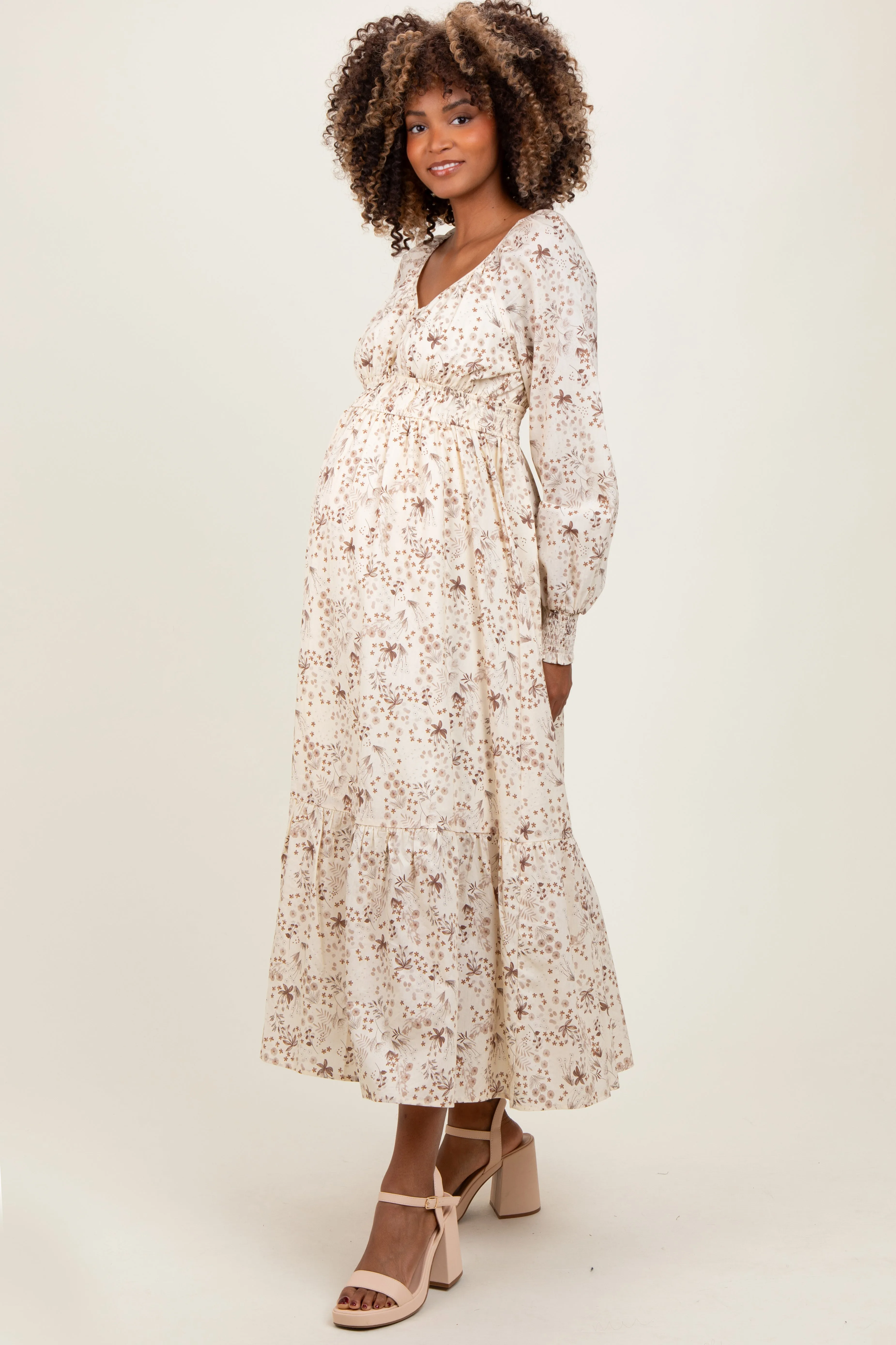 Cream Raglan Sleeve Floral Button Maternity Maxi Dress sold by Pinkblush product image thumbnail 2
