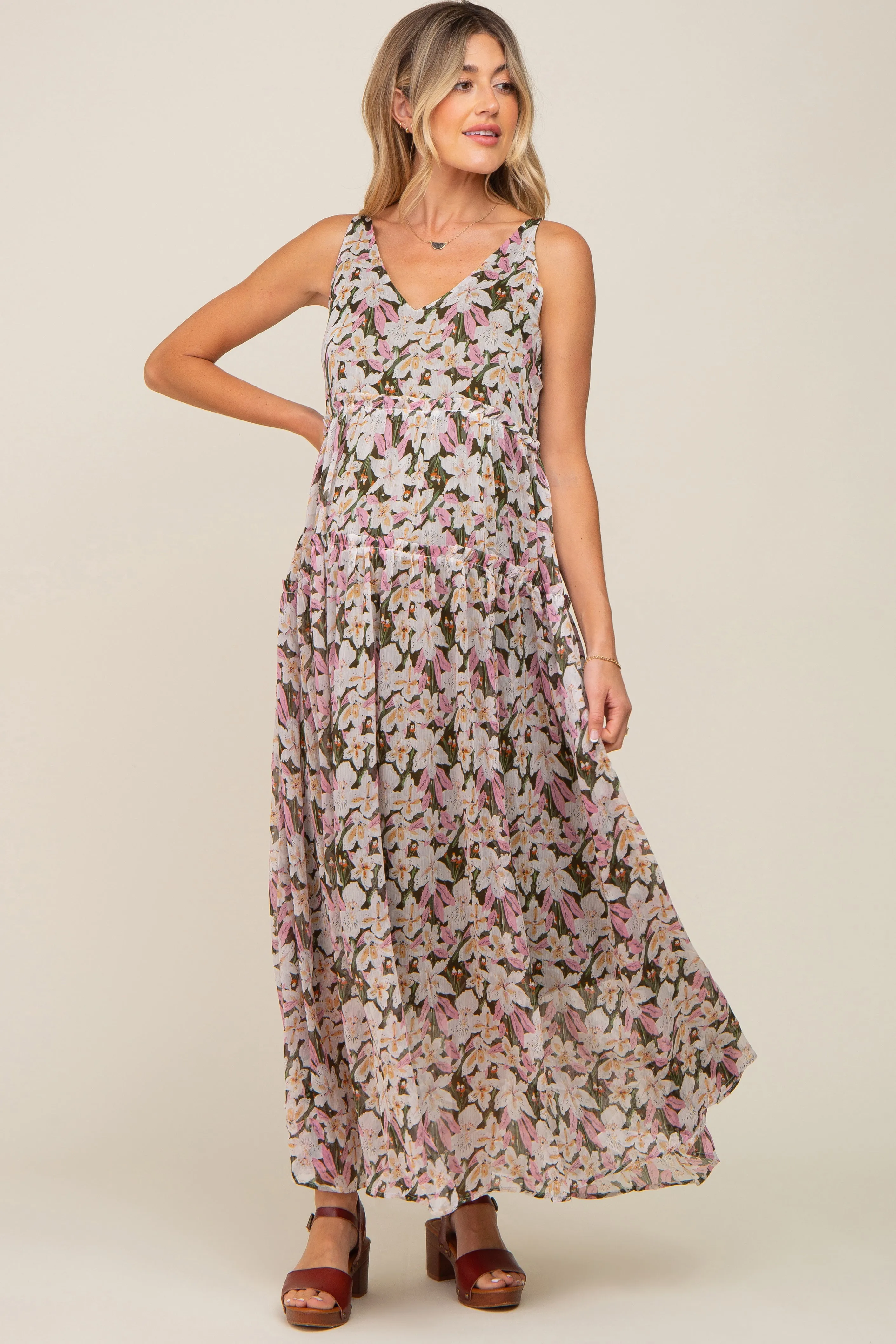 Pink Floral Chiffon Sleeveless Maternity Maxi Dress sold by Pinkblush product image thumbnail 3