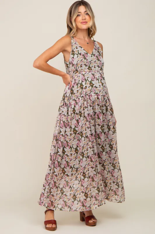 Pink Floral Chiffon Sleeveless Maternity Maxi Dress sold by Pinkblush
