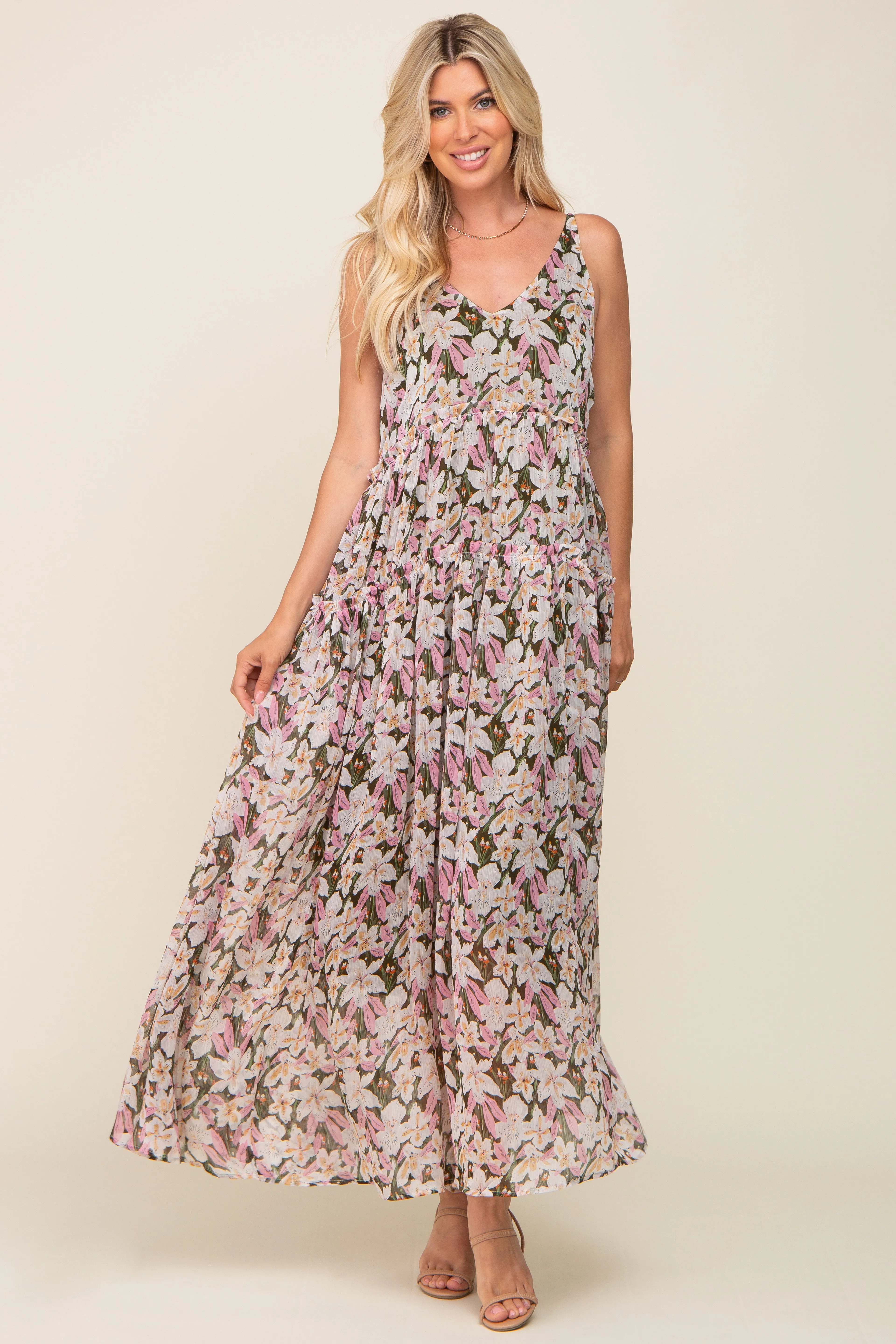 Pink Floral Chiffon Sleeveless Maxi Dress sold by Pinkblush product image thumbnail 4