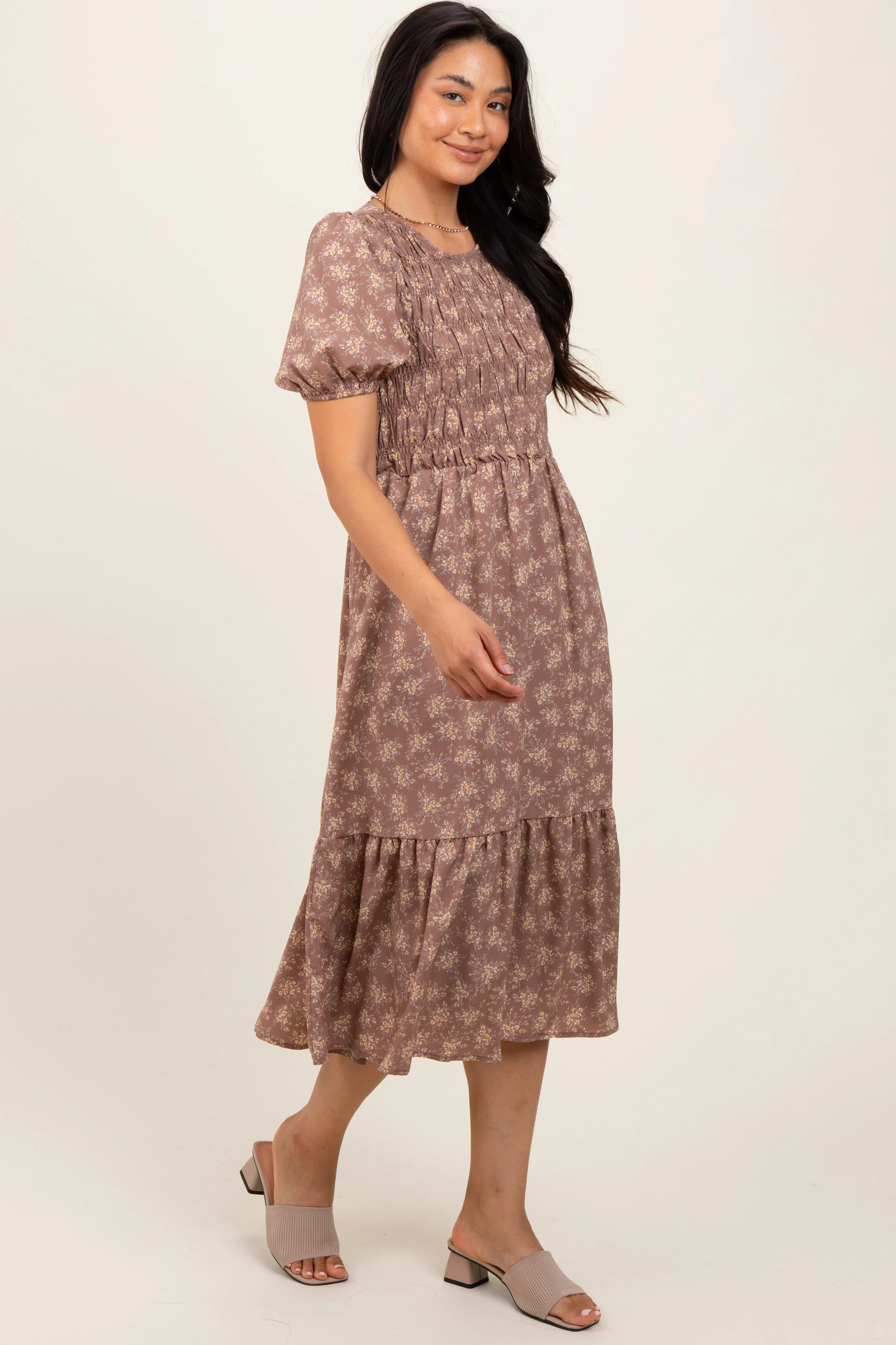 Mocha Floral Puff Sleeve Smocked Midi Dress sold by Pinkblush product image thumbnail 2
