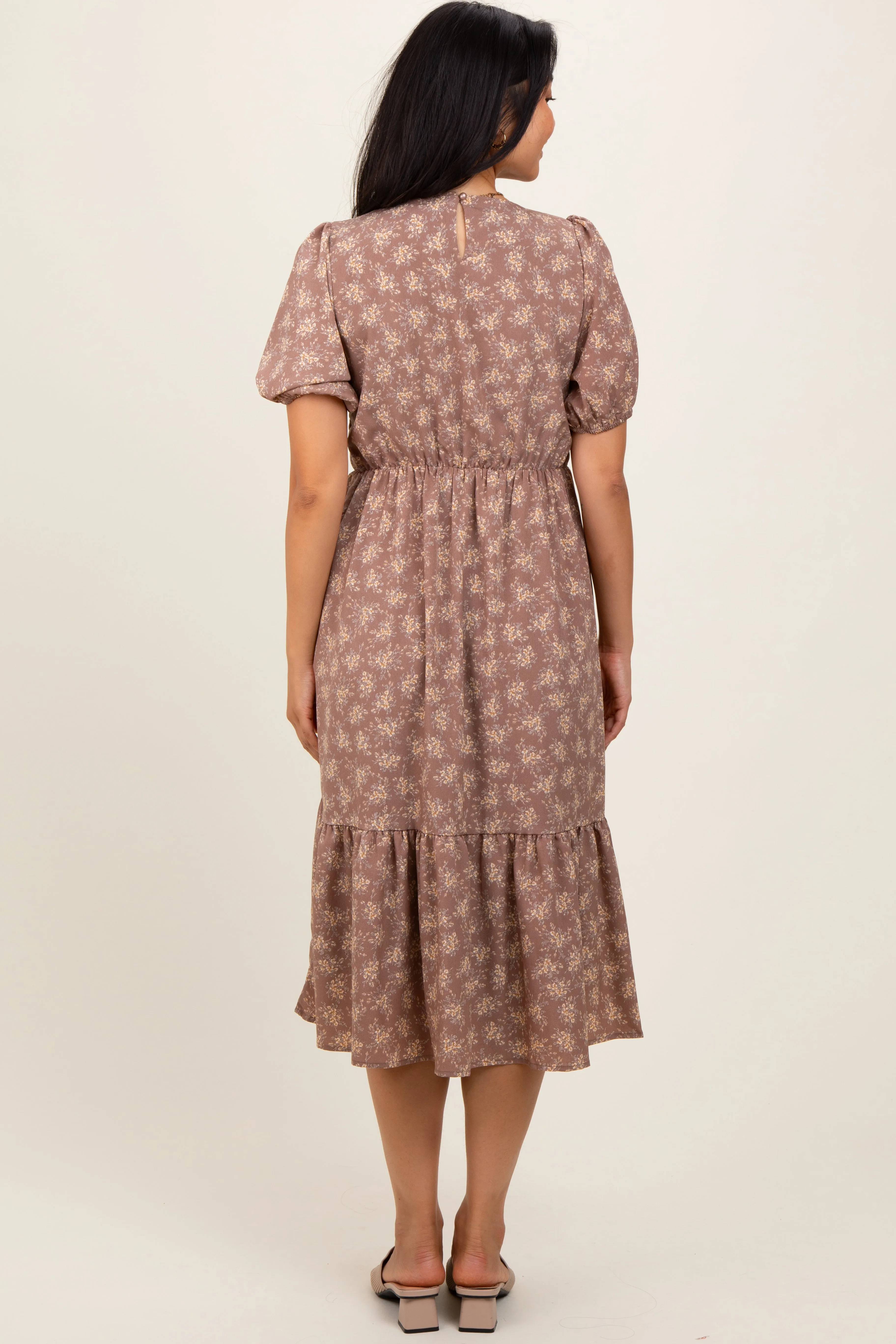 Mocha Floral Puff Sleeve Smocked Midi Dress sold by Pinkblush product image thumbnail 3