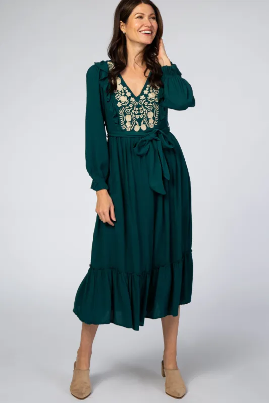 Emerald Floral Embroidered Ruffled Midi Dress sold by Pinkblush