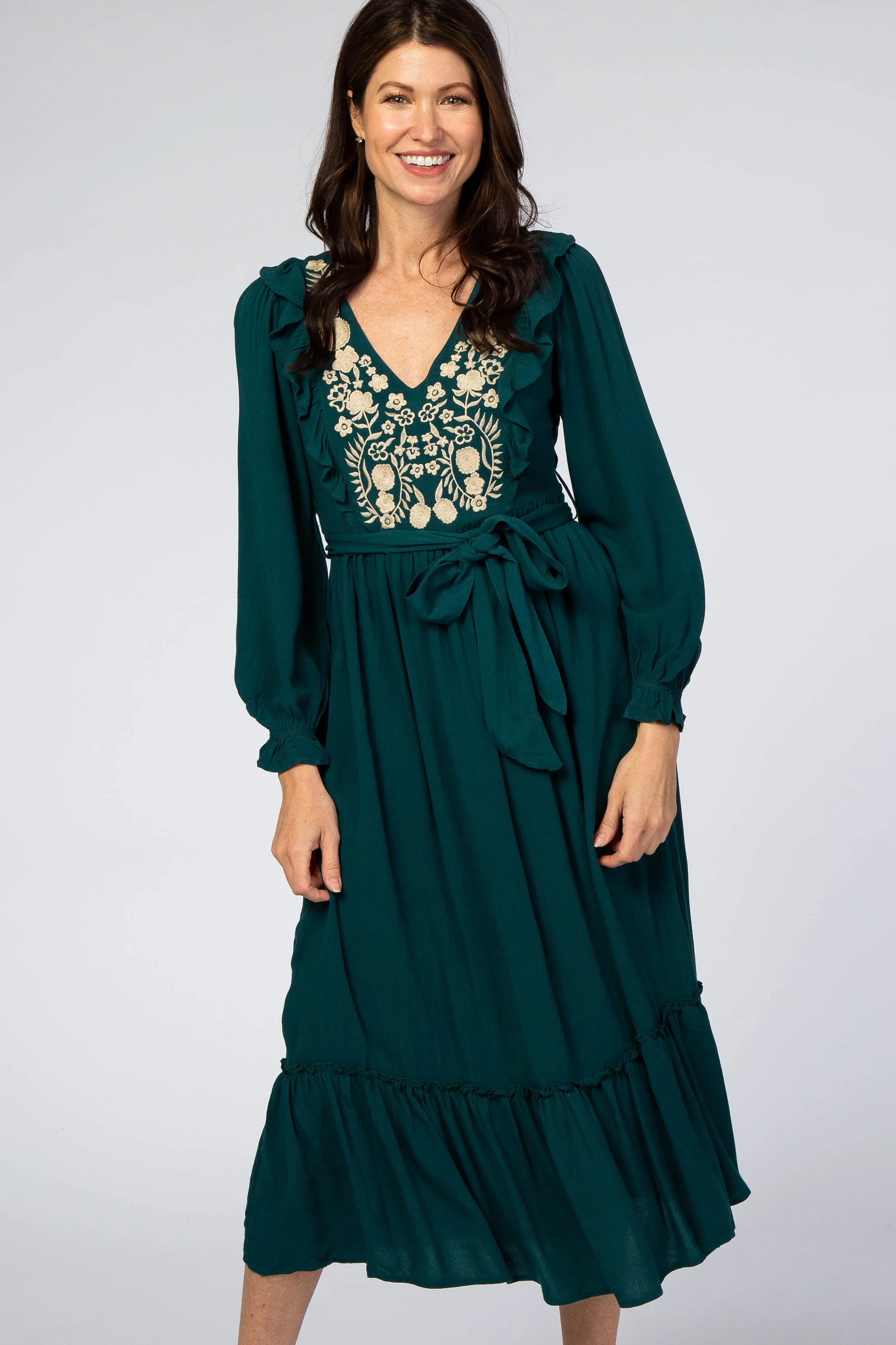 Emerald Floral Embroidered Ruffled Midi Dress sold by Pinkblush product image thumbnail 2