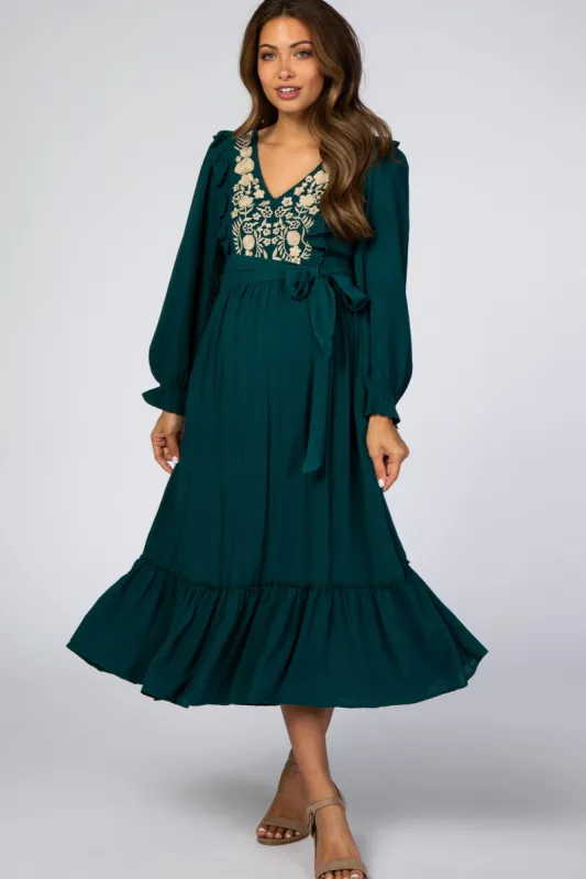 Emerald Floral Embroidered Ruffled Maternity Midi Dress sold by Pinkblush