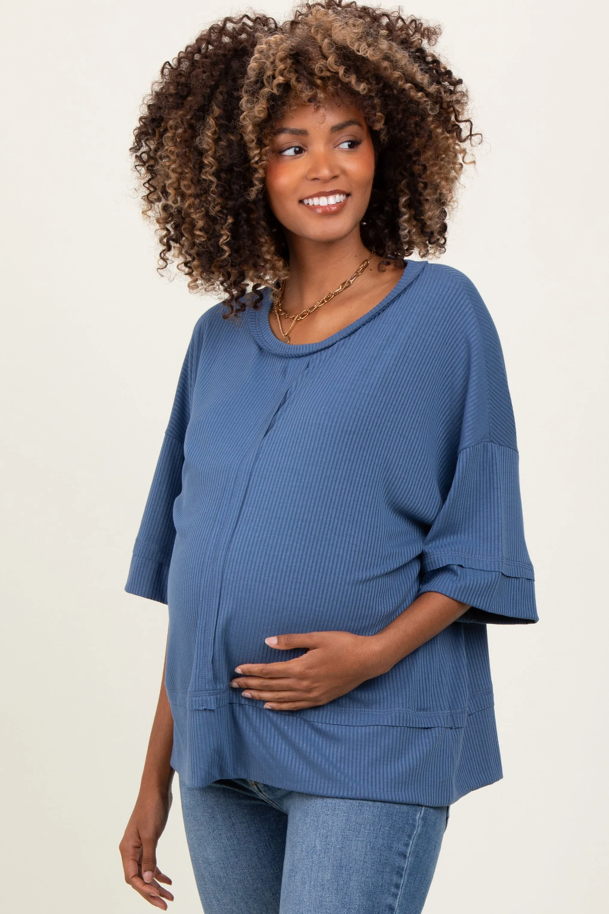 Blue Ribbed Boxy Fit Short Sleeve Maternity Top sold by Pinkblush product image thumbnail 2