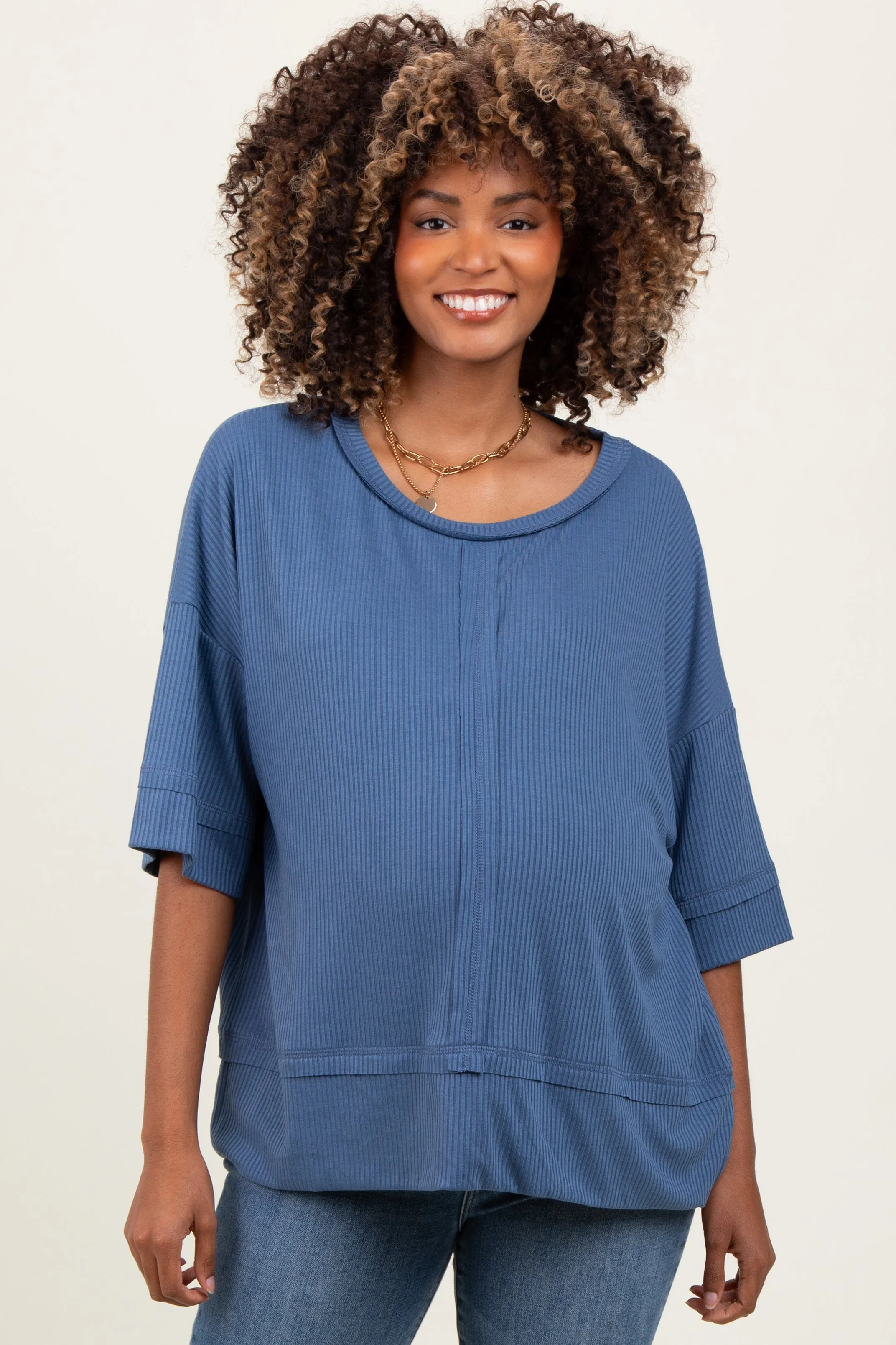 Blue Ribbed Boxy Fit Short Sleeve Maternity Top sold by Pinkblush