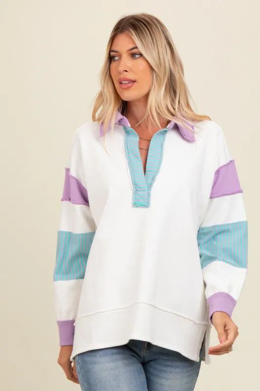 Lavender Colorblock Stripe Polo Sweatshirt sold by Pinkblush