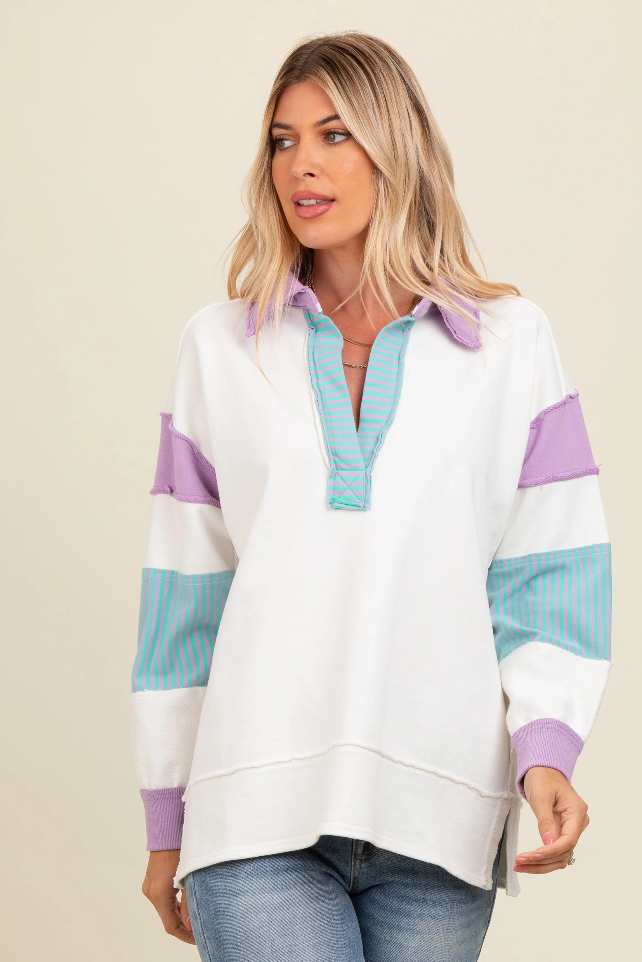 Lavender Colorblock Stripe Polo Sweatshirt sold by Pinkblush