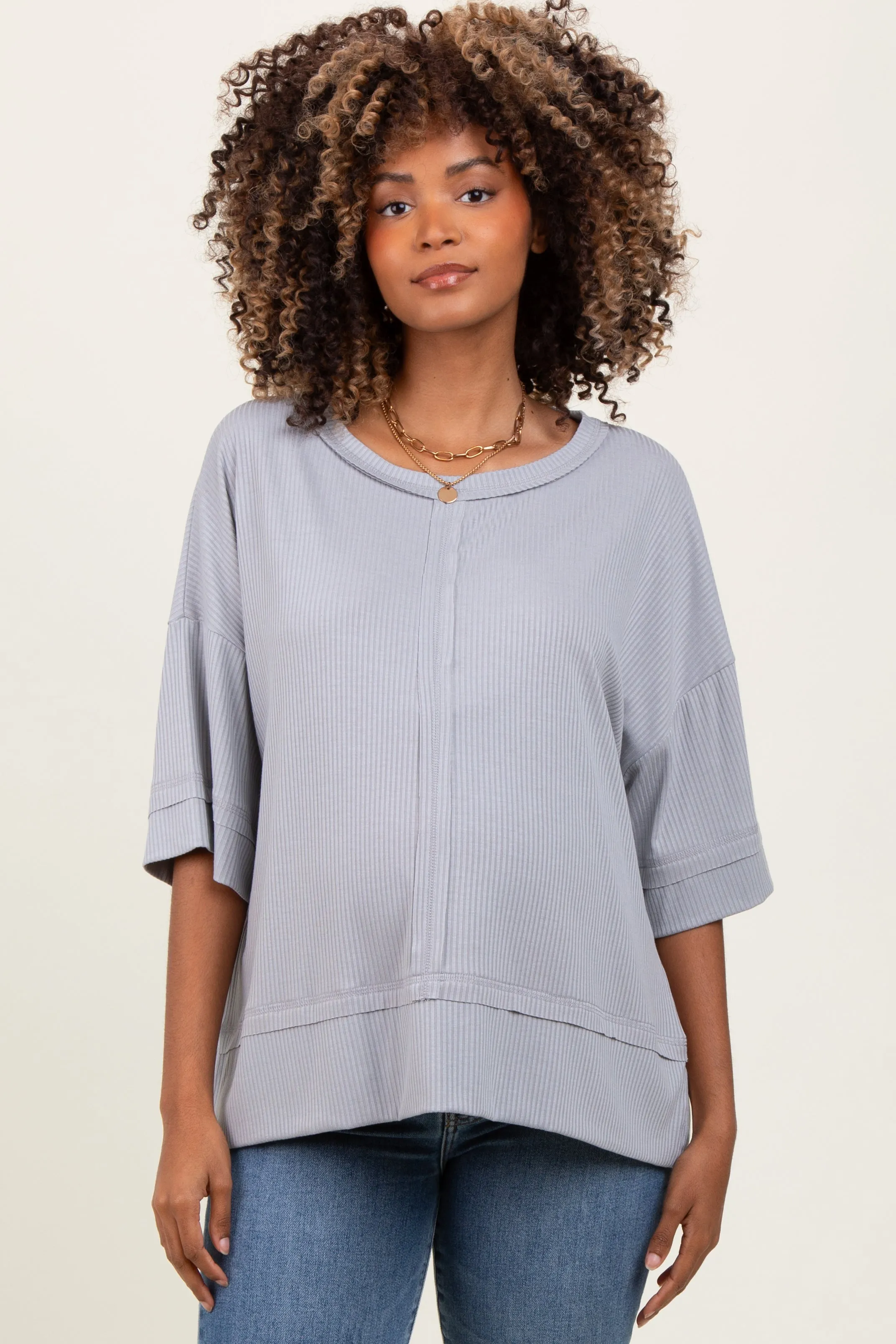 Light Grey Ribbed Boxy Fit Short Sleeve Maternity Top sold by Pinkblush