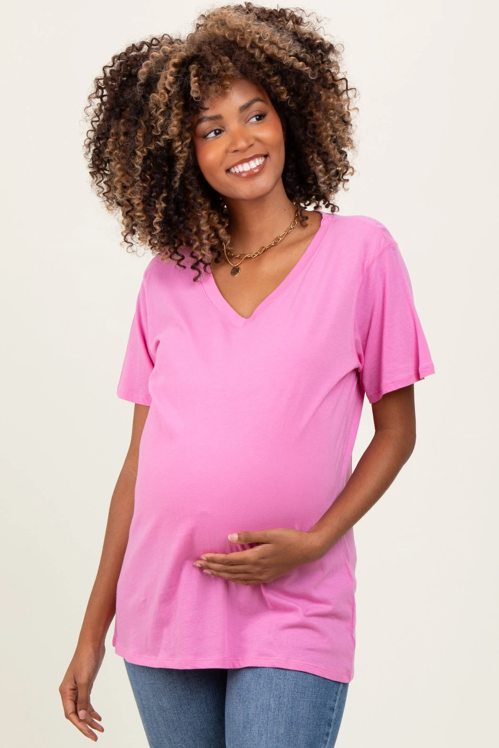 Pink Oversized V-Neck Short Sleeve Maternity Tee sold by Pinkblush