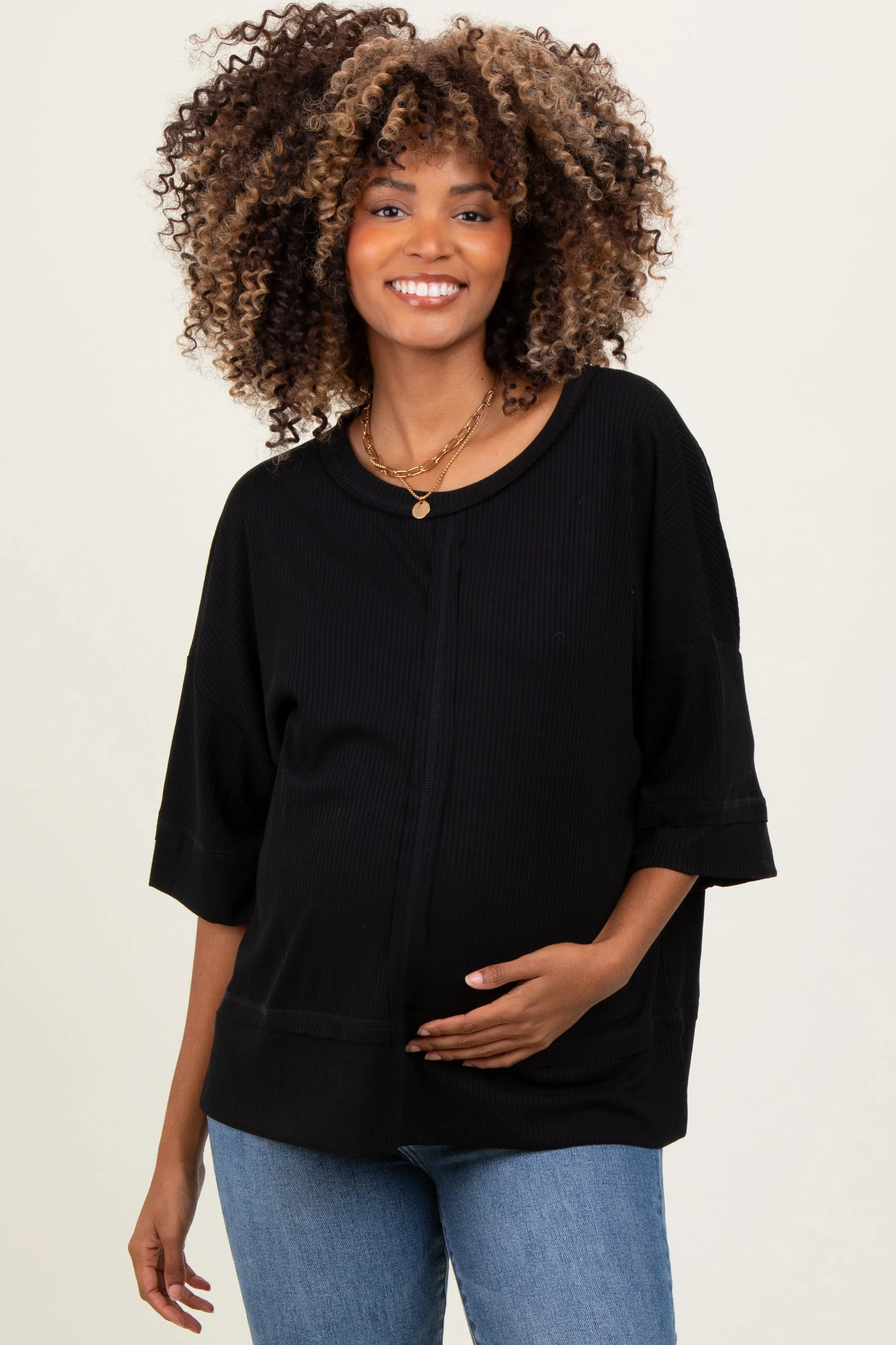 Black Ribbed Boxy Fit Short Sleeve Maternity Top sold by Pinkblush