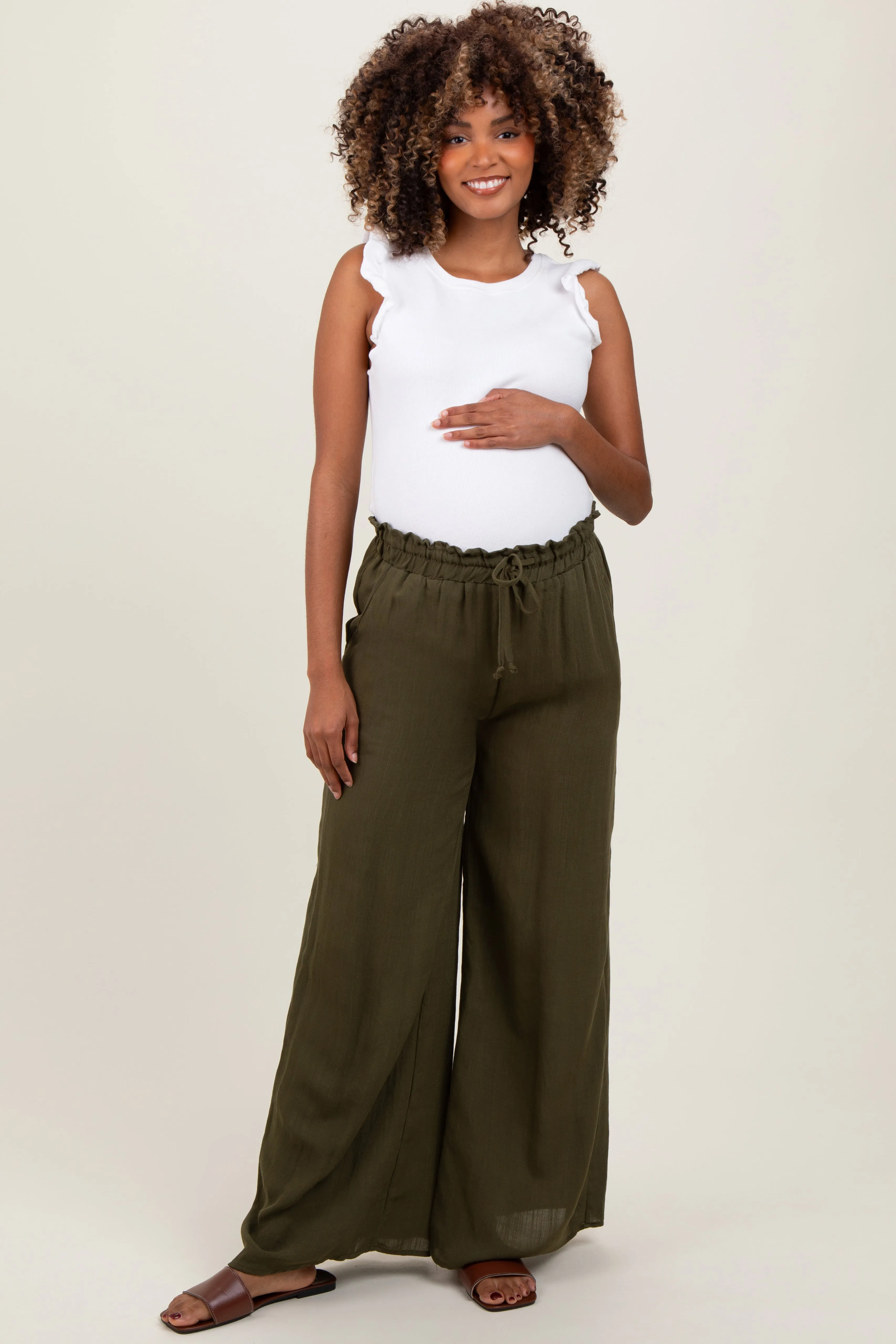Olive Ruffled Drawstring Waist Wide Leg Maternity Pants sold by Pinkblush