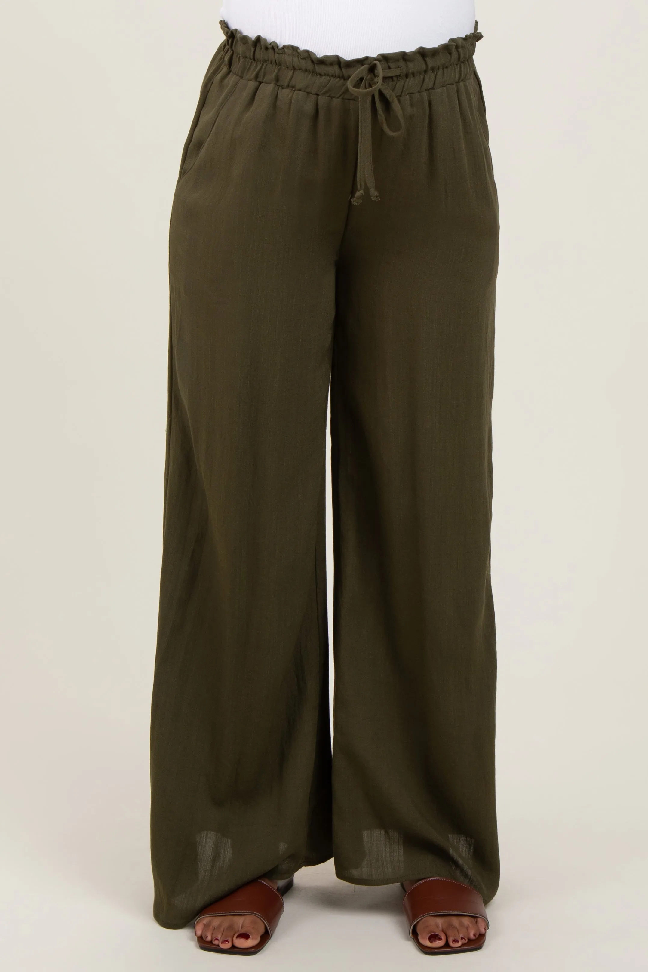 Olive Ruffled Drawstring Waist Wide Leg Maternity Pants sold by Pinkblush product image thumbnail 2