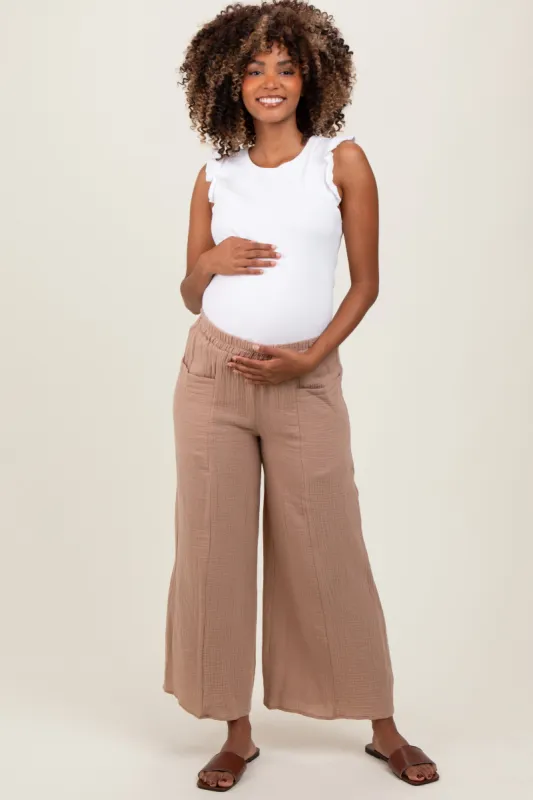 Light Taupe Cotton Gauze Wide Leg Maternity Pants sold by Pinkblush