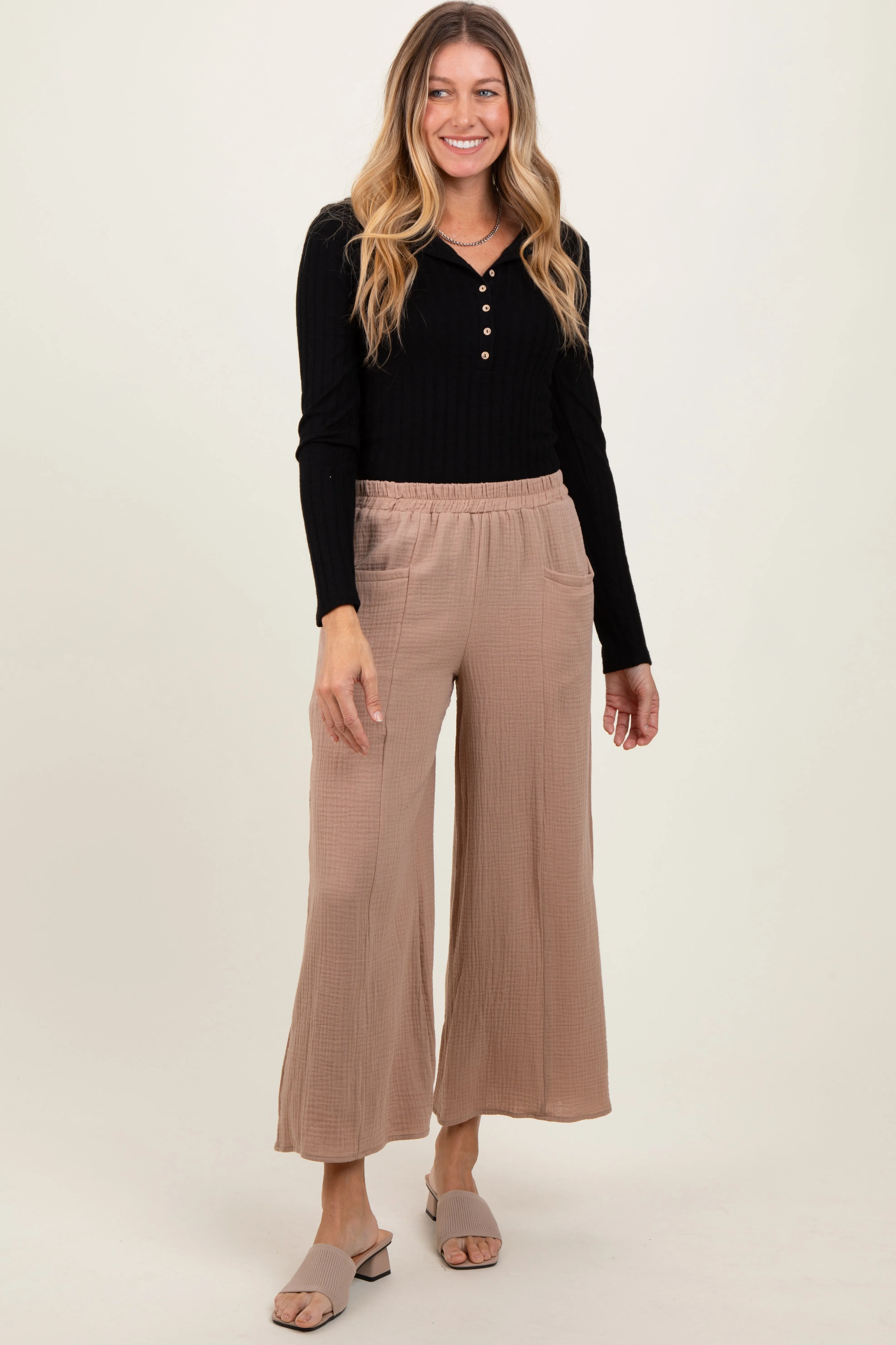 Light Taupe Cotton Gauze Wide Leg Maternity Pants sold by Pinkblush product image thumbnail 5