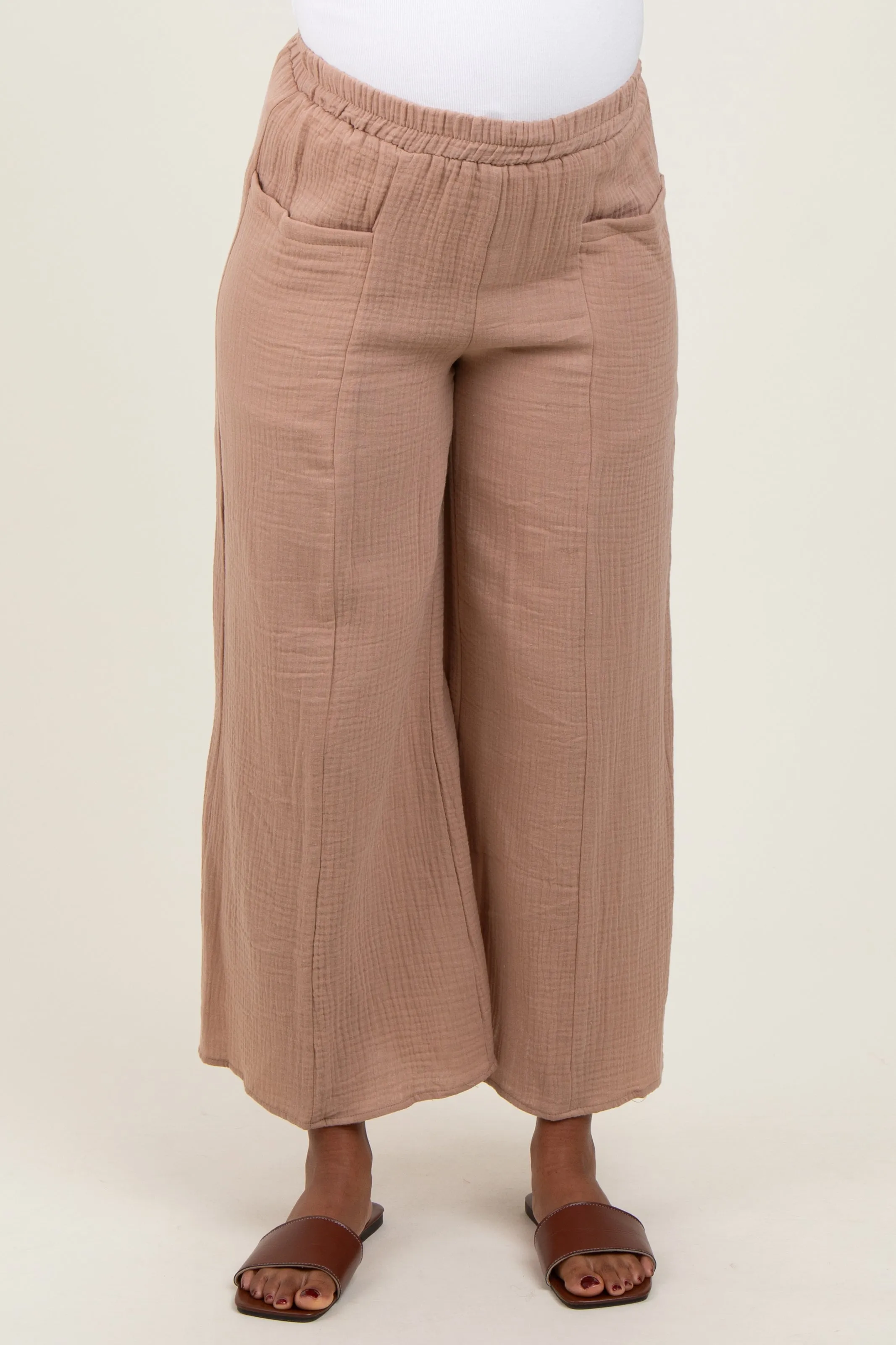 Light Taupe Cotton Gauze Wide Leg Maternity Pants sold by Pinkblush product image thumbnail 2