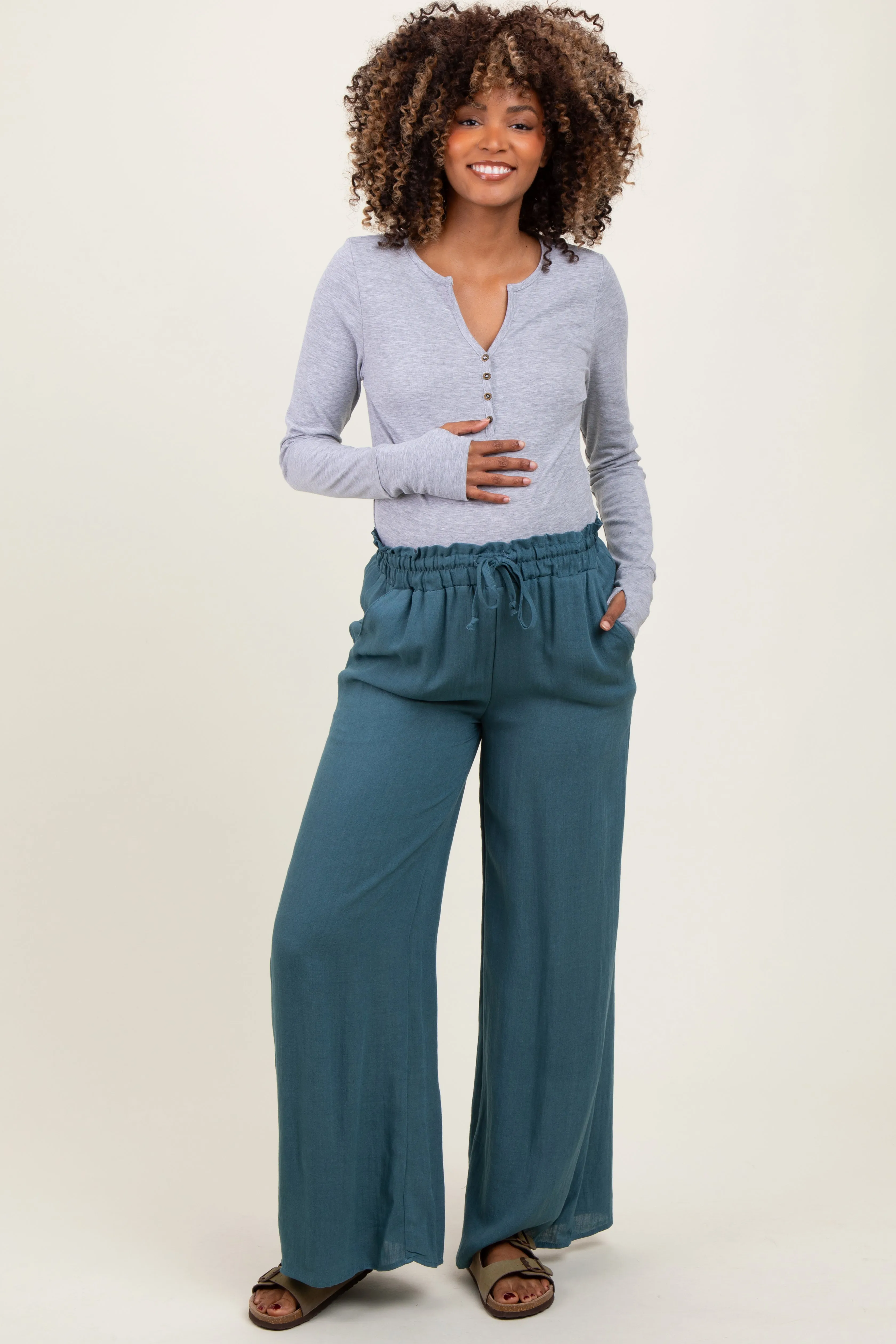 Blue Ruffled Drawstring Waist Wide Leg Maternity Pants sold by Pinkblush