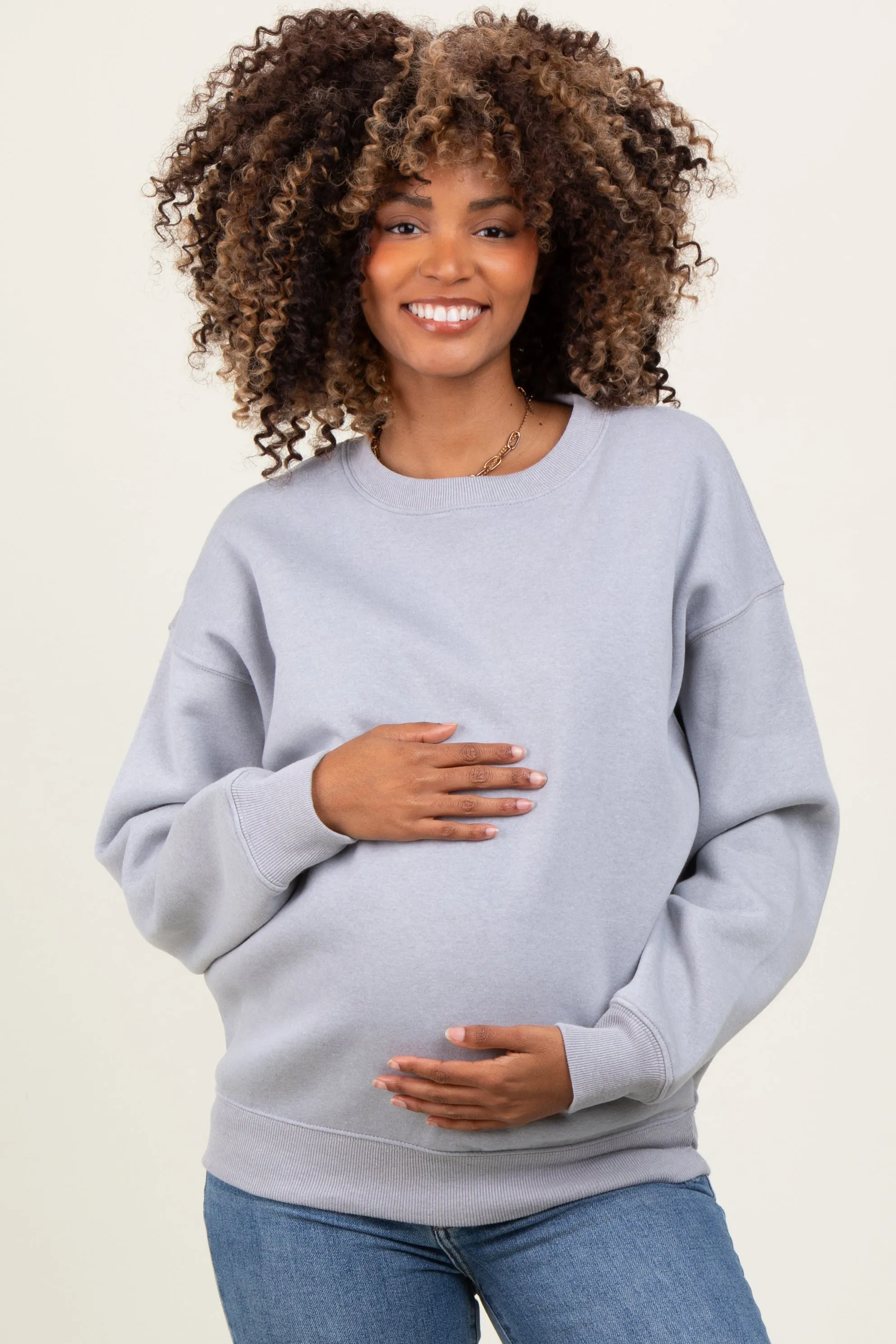 Heather Grey Basic Fleece Crewneck Maternity Sweatshirt sold by Pinkblush product image thumbnail 2