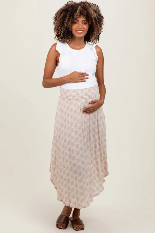 Beige Damask Print Smocked Waistband Maternity Midi Skirt made by Final Touch