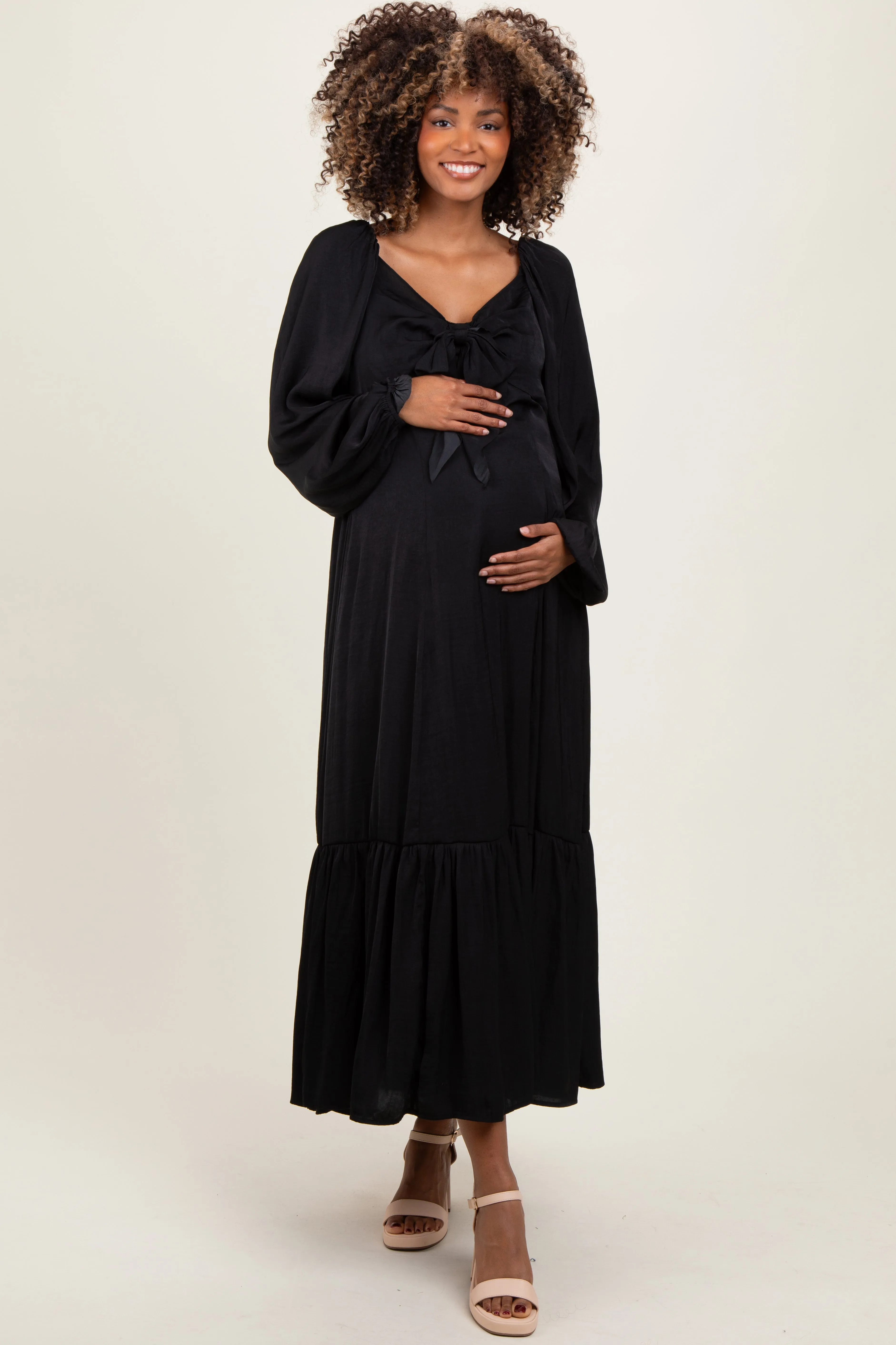 Black Bow Satin Maternity Maxi Dress sold by Pinkblush