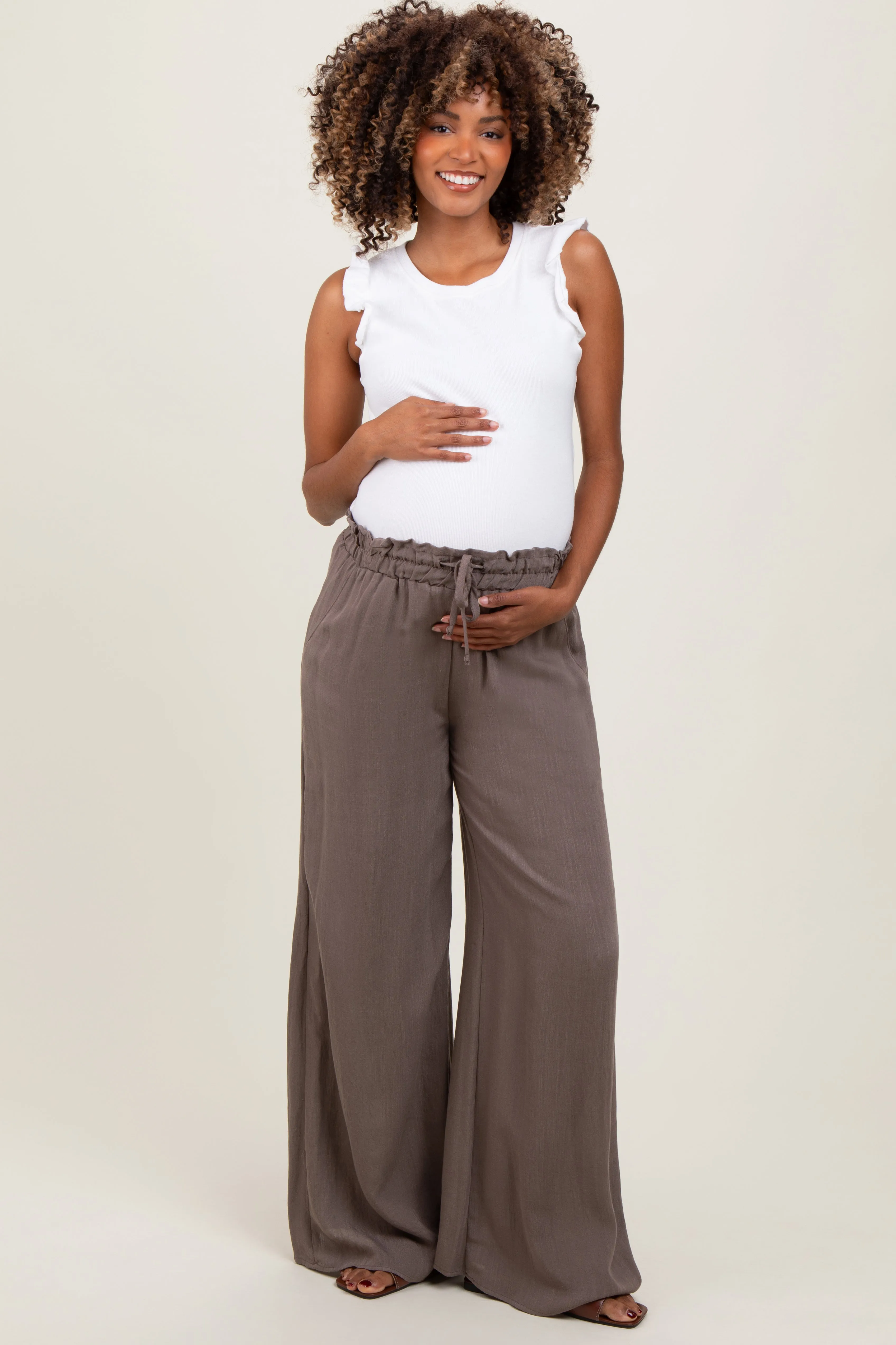 Mocha Ruffled Drawstring Waist Wide Leg Maternity Pants sold by Pinkblush