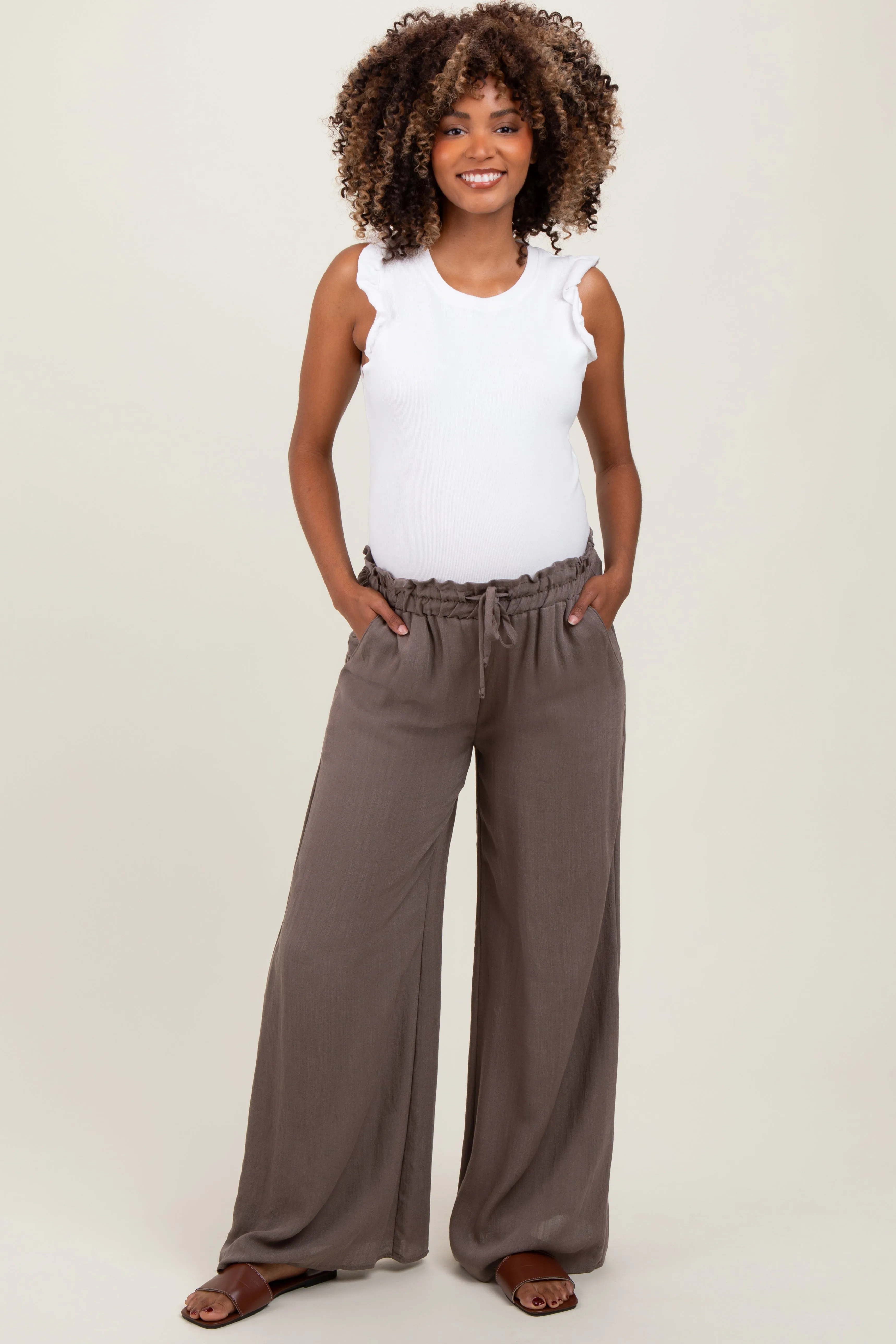 Mocha Ruffled Drawstring Waist Wide Leg Maternity Pants sold by Pinkblush product image thumbnail 2