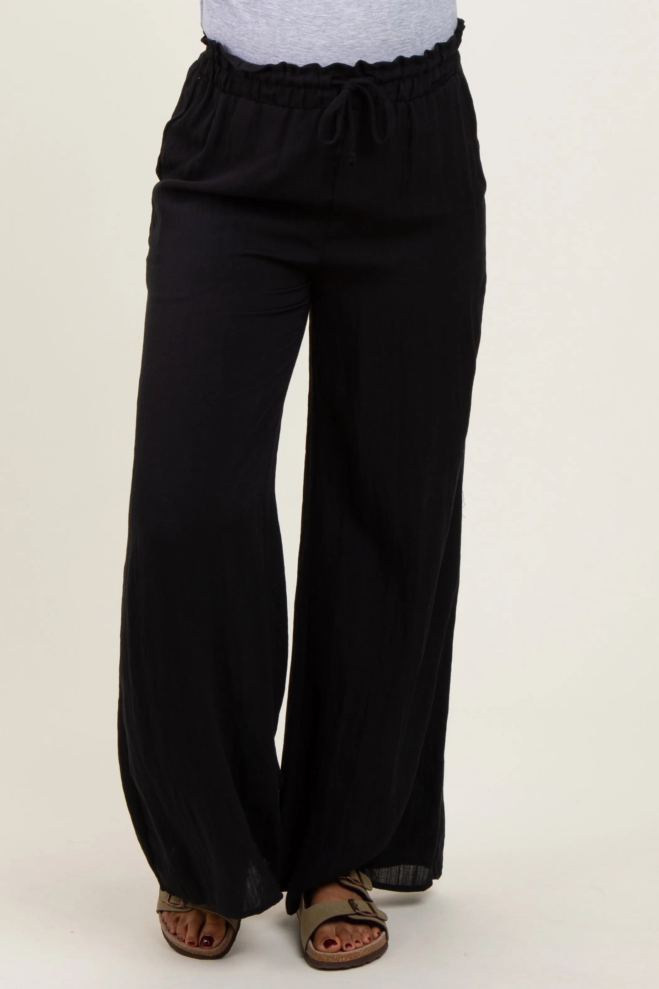 Black Ruffled Drawstring Waist Wide Leg Maternity Pants sold by Pinkblush product image thumbnail 3