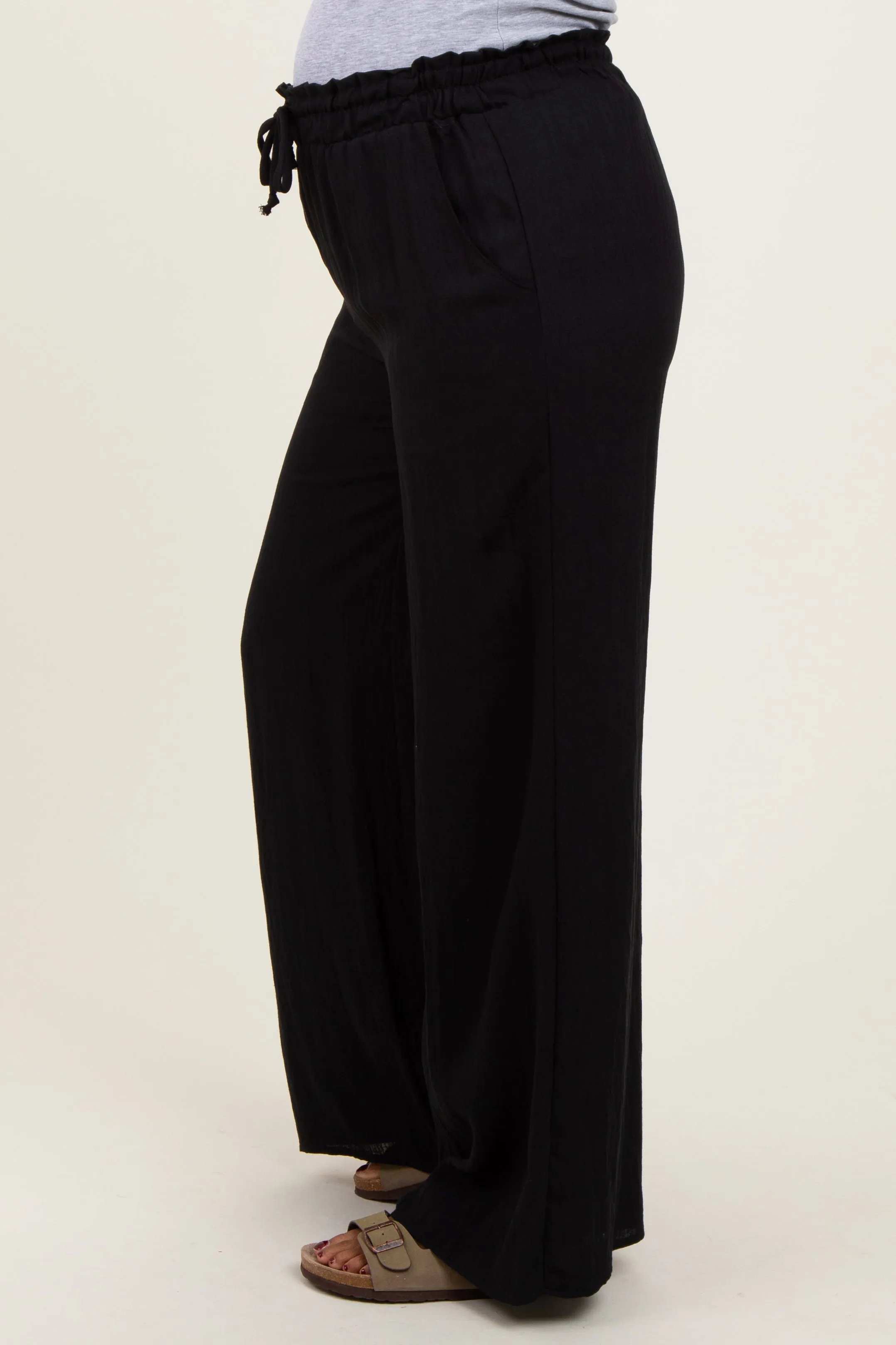 Black Ruffled Drawstring Waist Wide Leg Maternity Pants sold by Pinkblush product image thumbnail 4