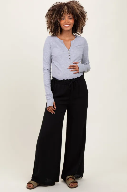 Black Ruffled Drawstring Waist Wide Leg Maternity Pants sold by Pinkblush