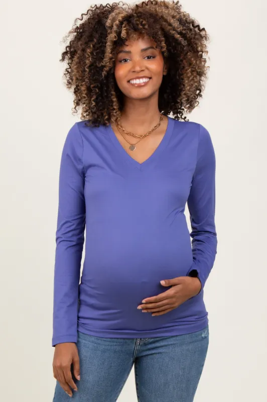 Periwinkle Brushed Knit V-Neck Long Sleeve Maternity Top sold by Pinkblush