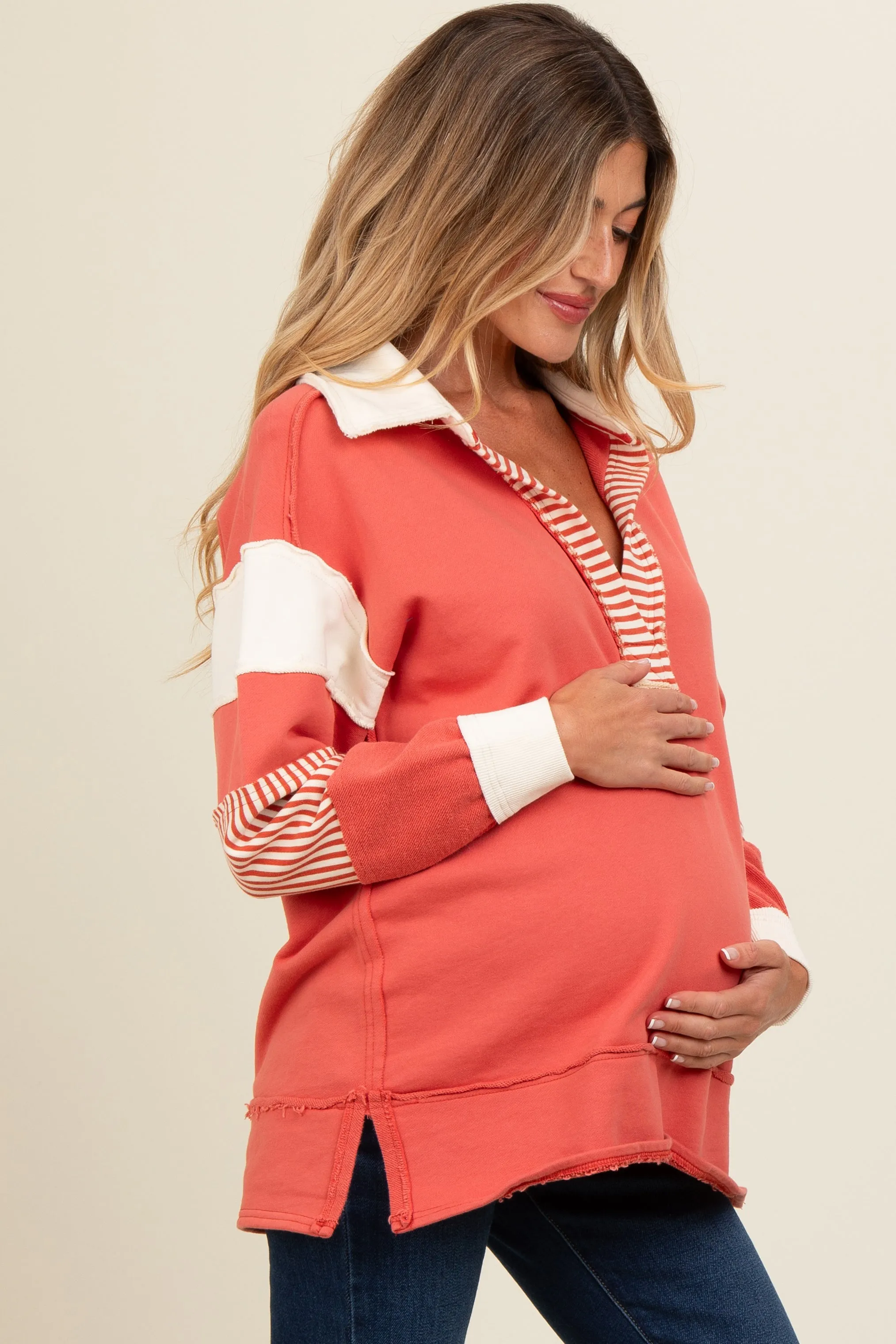 Rust Colorblock Stripe Maternity Polo Pullover Top sold by Pinkblush product image thumbnail 3