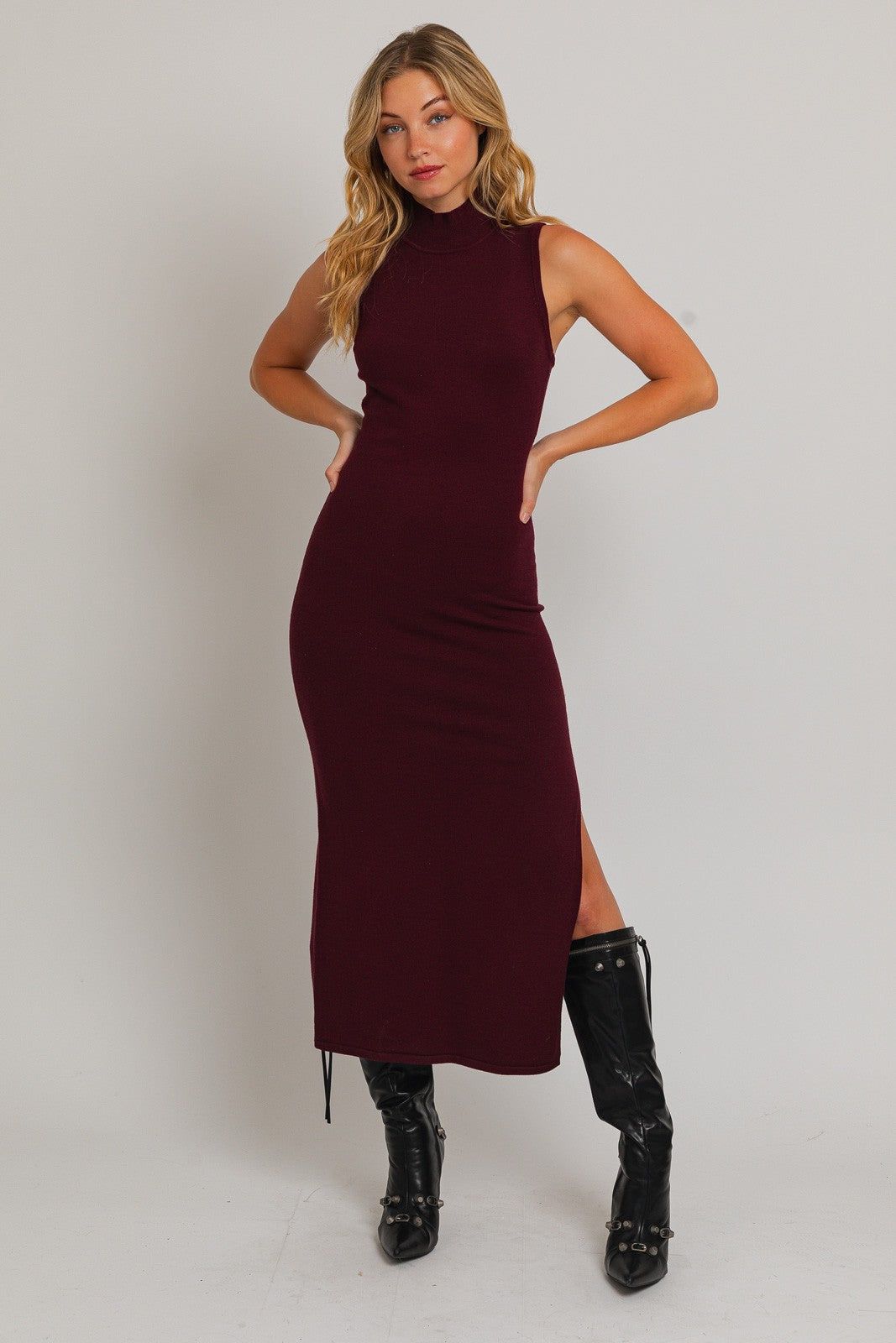 Burgundy Sleeveless Mock Neck Midi Dress sold by Pinkblush