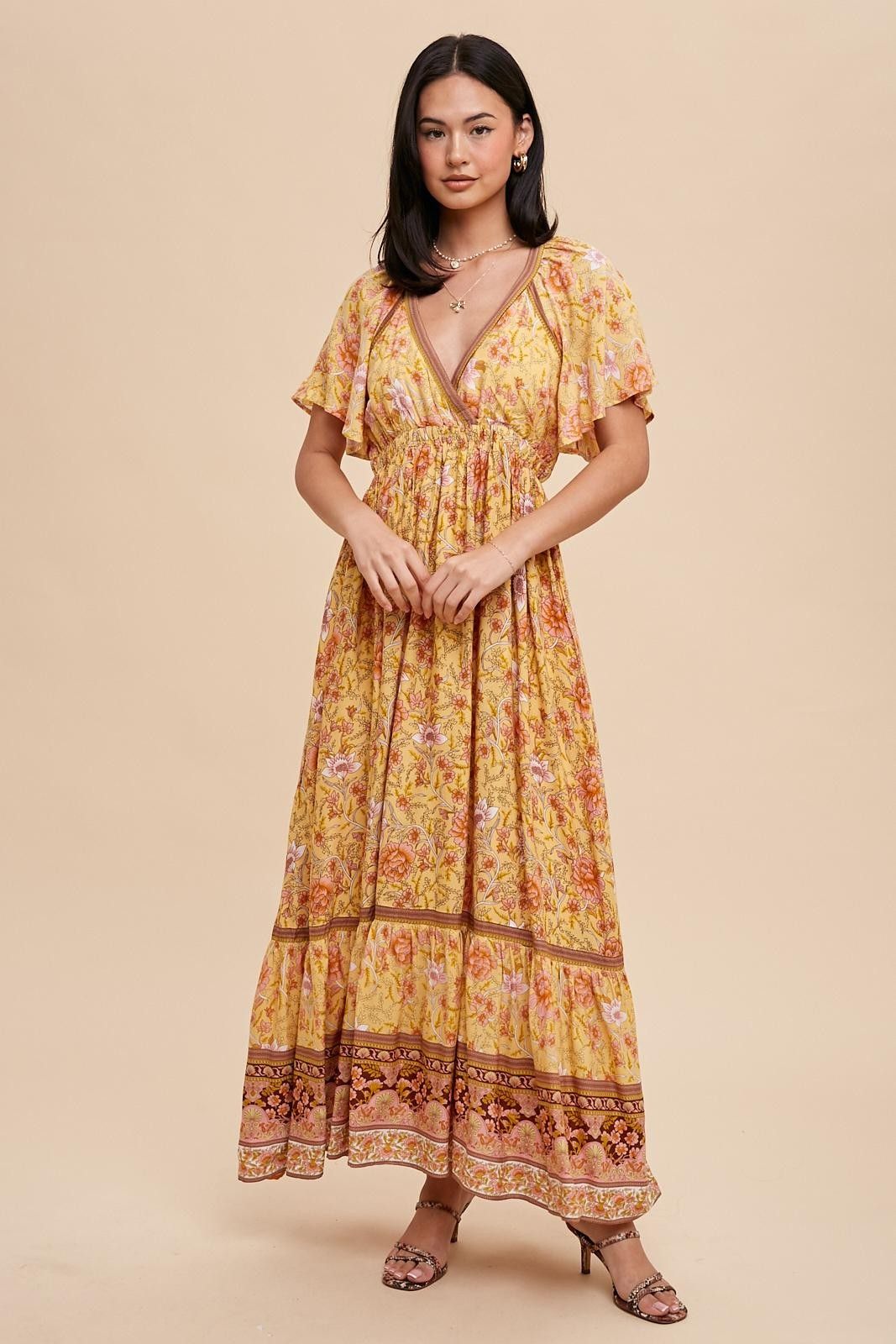 Yellow Floral Flounce Sleeve Maxi Dress sold by Pinkblush