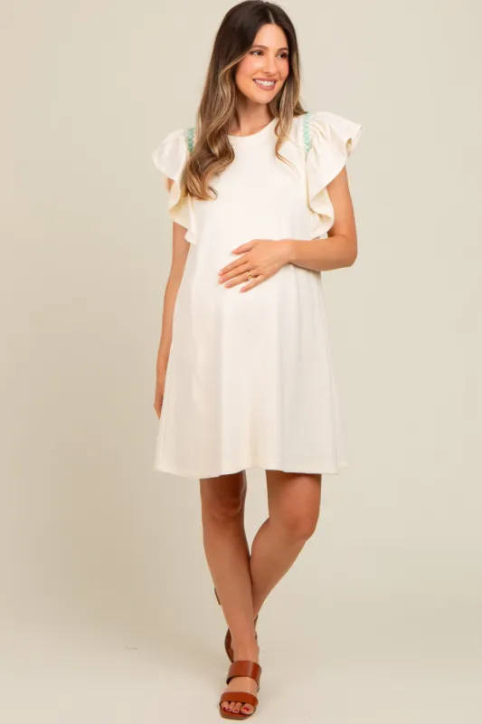 Cream Embroidered Ruffle Sleeve Maternity Dress sold by Pinkblush