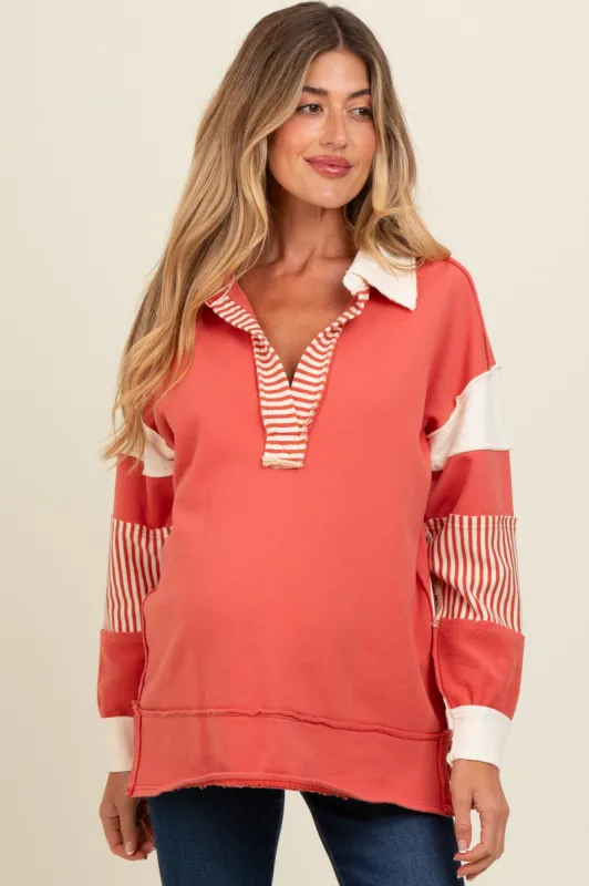 Rust Colorblock Stripe Maternity Polo Pullover Top sold by Pinkblush