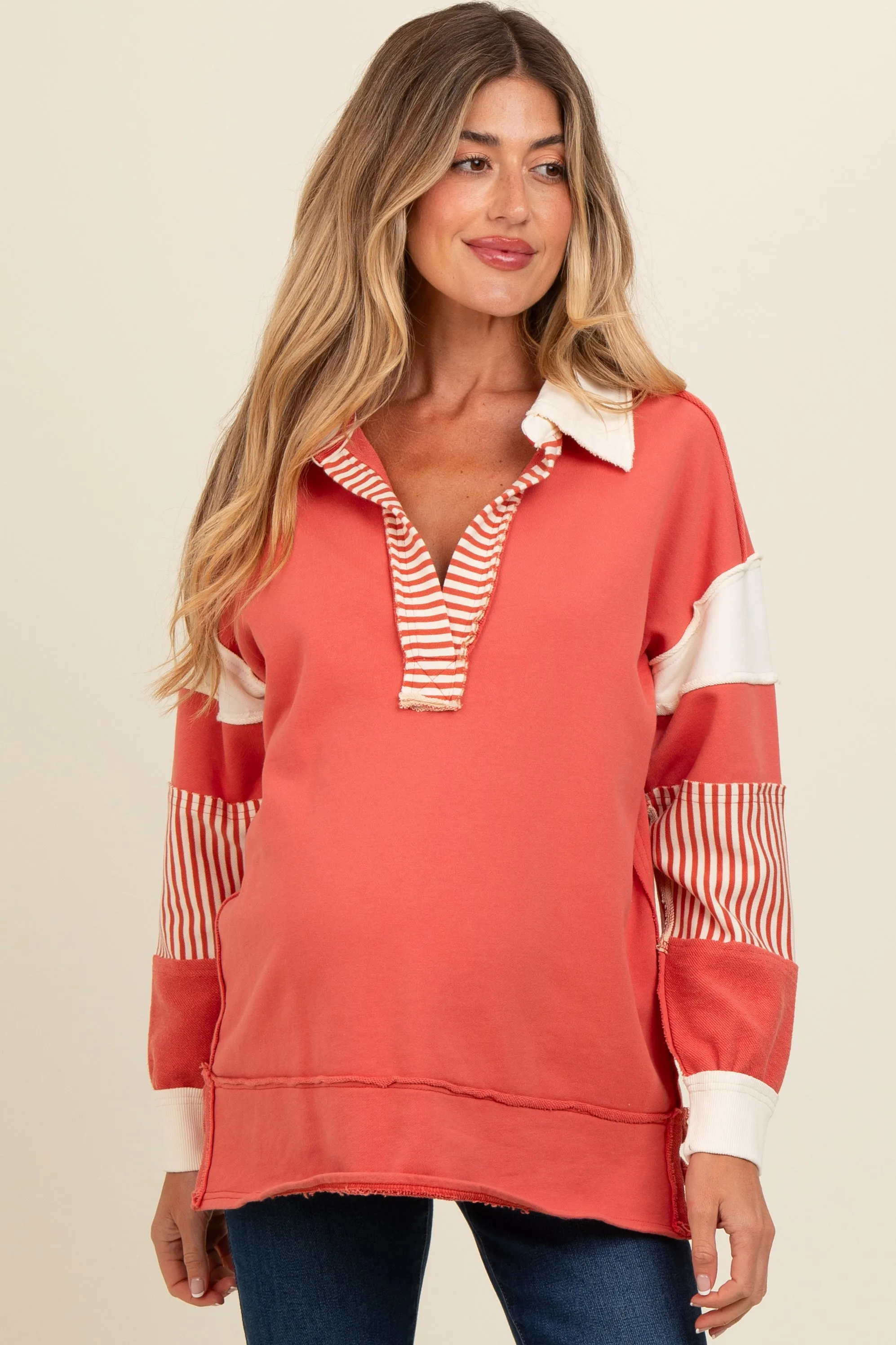 Rust Colorblock Stripe Maternity Polo Pullover Top sold by Pinkblush