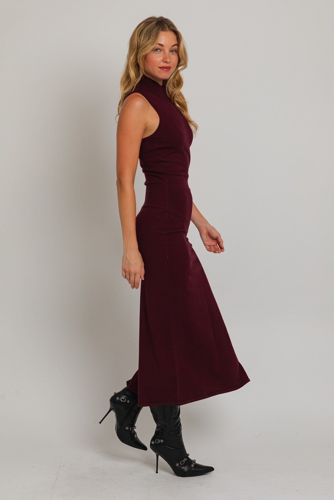 Burgundy Sleeveless Mock Neck Midi Dress sold by Pinkblush product image thumbnail 2